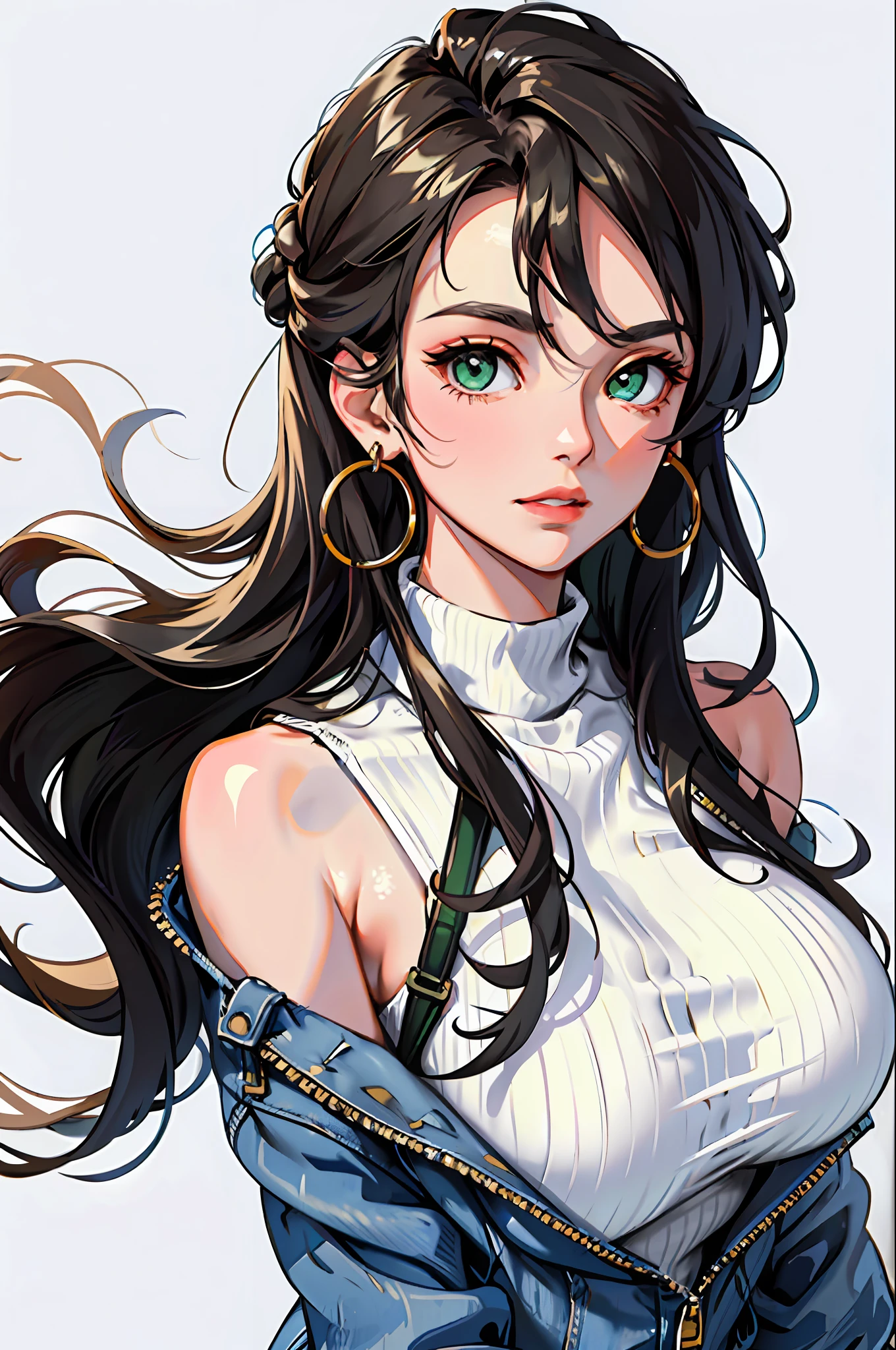 (masterpiece:1.2, best quality), 1lady, solo, upper body, big tits
Dark wash skinny jeans, oversized sweater, ankle boots
Loose waves, center part
simple hoop earrings
green Park