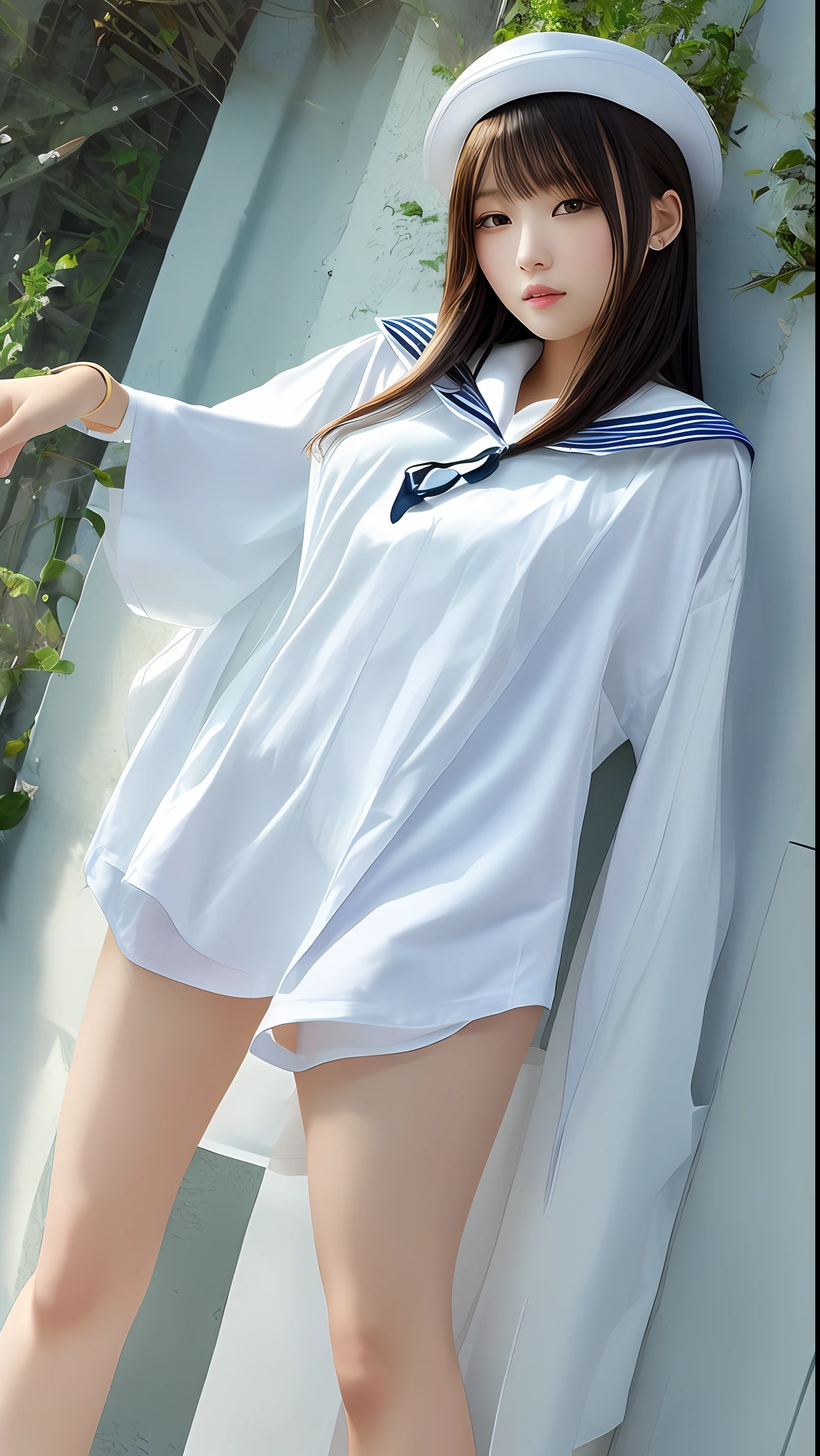 masterpiece, top quality, photorealistic, realism, viewer's perspective, beautiful girl, slender, white skin, cute, sexy, sailor suit