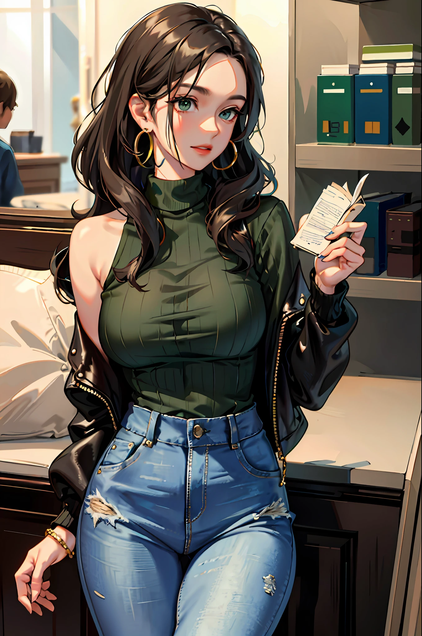 (masterpiece:1.2, best quality), 1lady, solo, upper body, big tits
Dark wash skinny jeans, oversized sweater, ankle boots
Loose waves, center part
simple hoop earrings
green Park