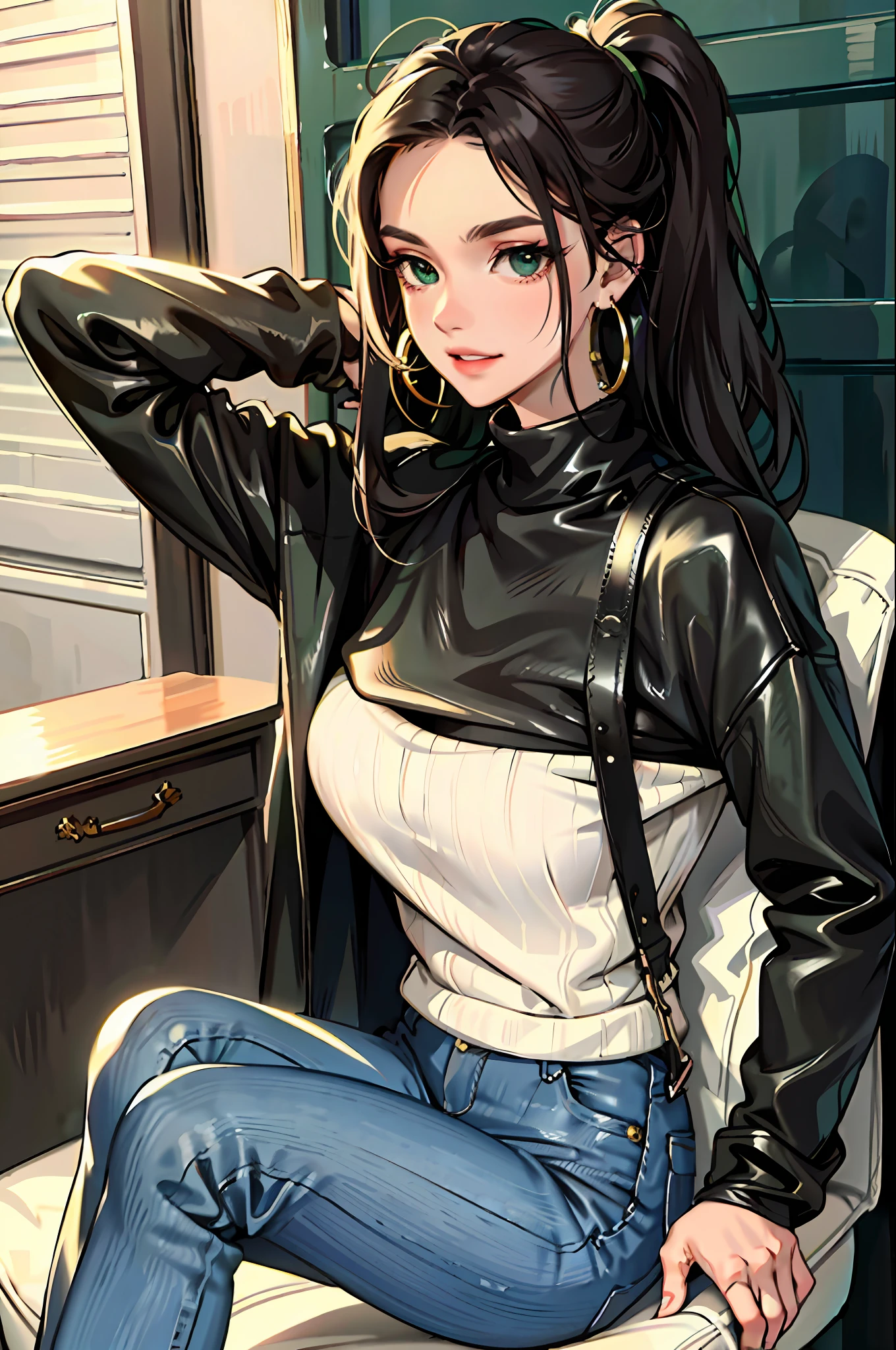 (masterpiece:1.2, best quality), 1lady, solo, upper body, big tits
Dark wash skinny jeans, oversized sweater, ankle boots
Loose waves, center part
simple hoop earrings
green Park