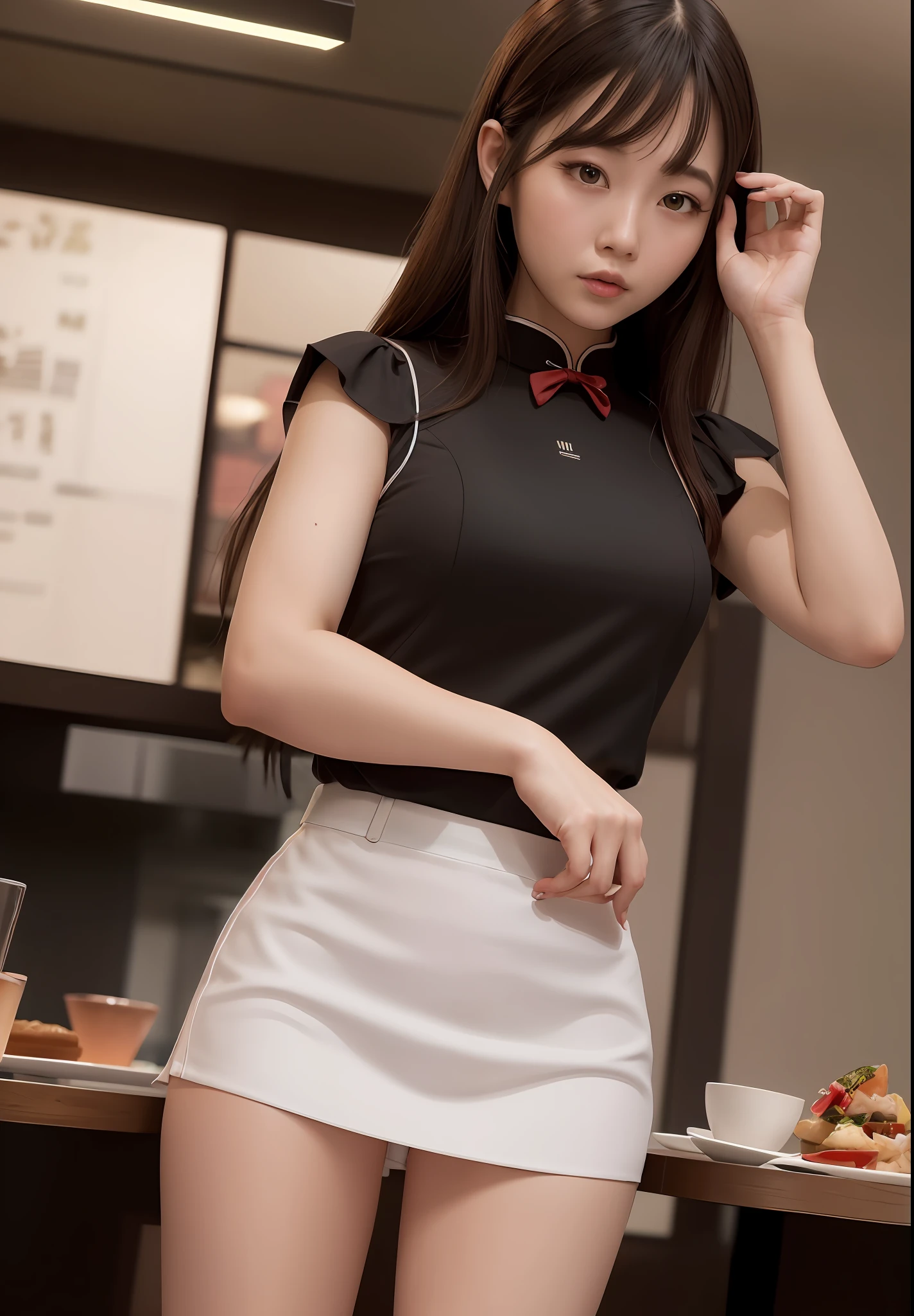 best quality, masterpiece, photo realistic, 8k, 4k, extreme res, ultra high res, dynamic lighting, real lighting, ulzzang-6500-v1.1:1.2, waitress looking backwards, holding dimsum, revealing cheongsam, panties, chinese restaurant background