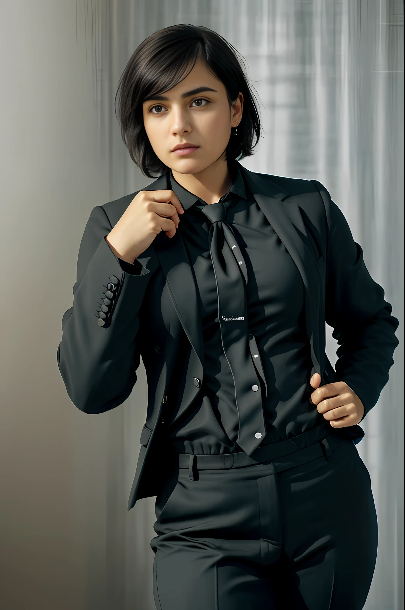 A Brazilian woman, (chubby: 1.5), male body, 1.5m tall, (chubby 75kg), (short hair: 0.3), (Pixie cut) (straight hair), (black hair), (round face: 1.7) wearing ((pants)) and (TOMBOY male black social suit), (((black TOMBOY style))), (((black suit))), ((female tie))), with curly arms, (((((serious businesswoman pose)))), inside the office, (four fingers and a thumb), (soft tones:1.25), (HDR:1.25), (artstation:1.2), dramatic, (intricate details:1.14), (hyperrealistic 3d render:1.16), (filmic:0.55), (rutkowski:1.1), (faded:1.3)