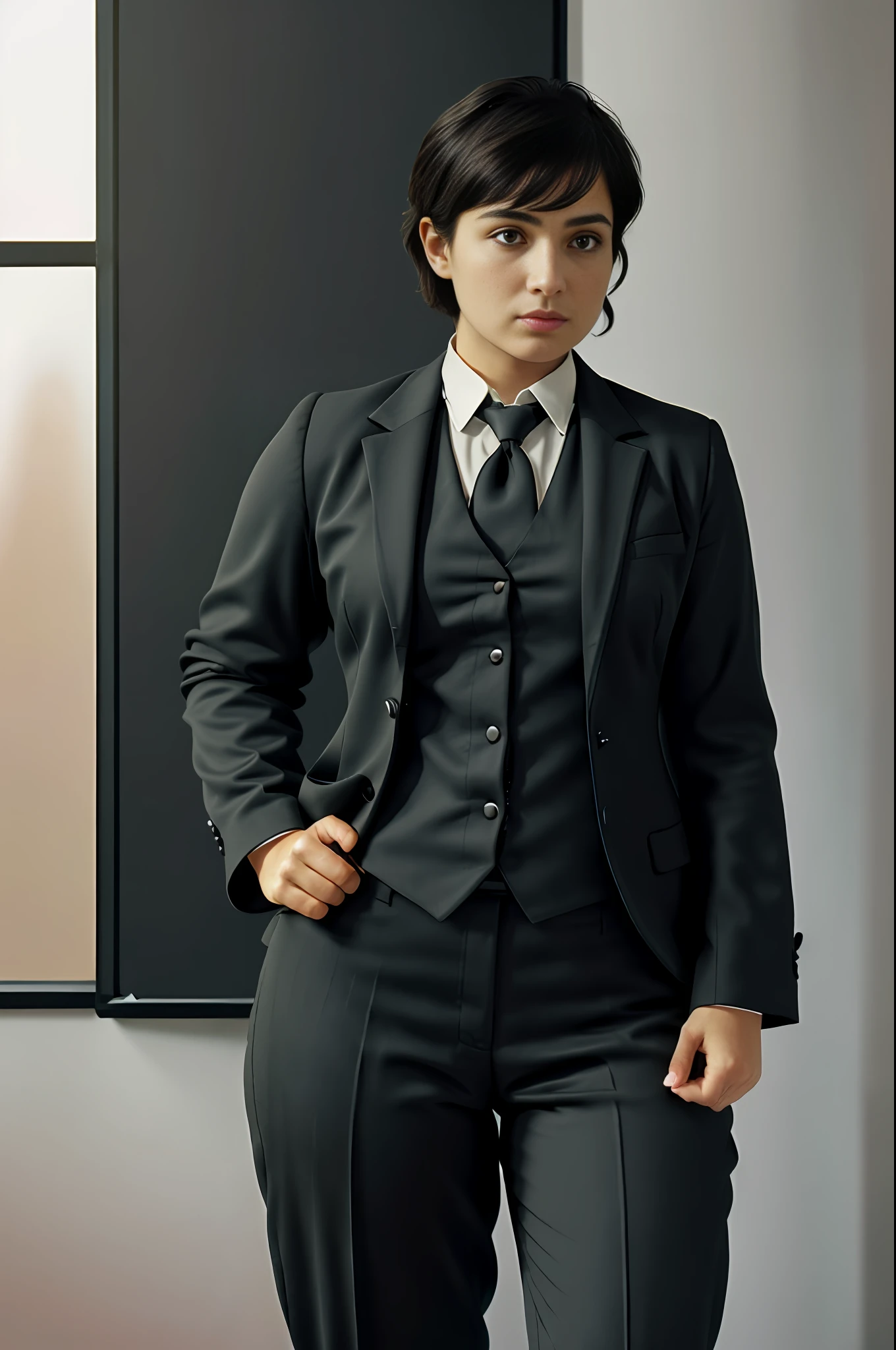 A Brazilian woman, (chubby: 1.5), male body, 1.5m tall, (chubby 75kg), (short hair: 0.3), (Pixie cut) (straight hair), (black hair), (round face: 1.7) wearing ((pants)) and (TOMBOY male black social suit), (((black TOMBOY style))), (((black suit))), ((female tie))), with curly arms, (((((serious businesswoman pose)))), inside the office, (four fingers and a thumb),  (soft tones:1.25), (HDR:1.25), (artstation:1.2), dramatic, (intricate details:1.14), (hyperrealistic 3d render:1.16), (filmic:0.55), (rutkowski:1.1), (faded:1.3)