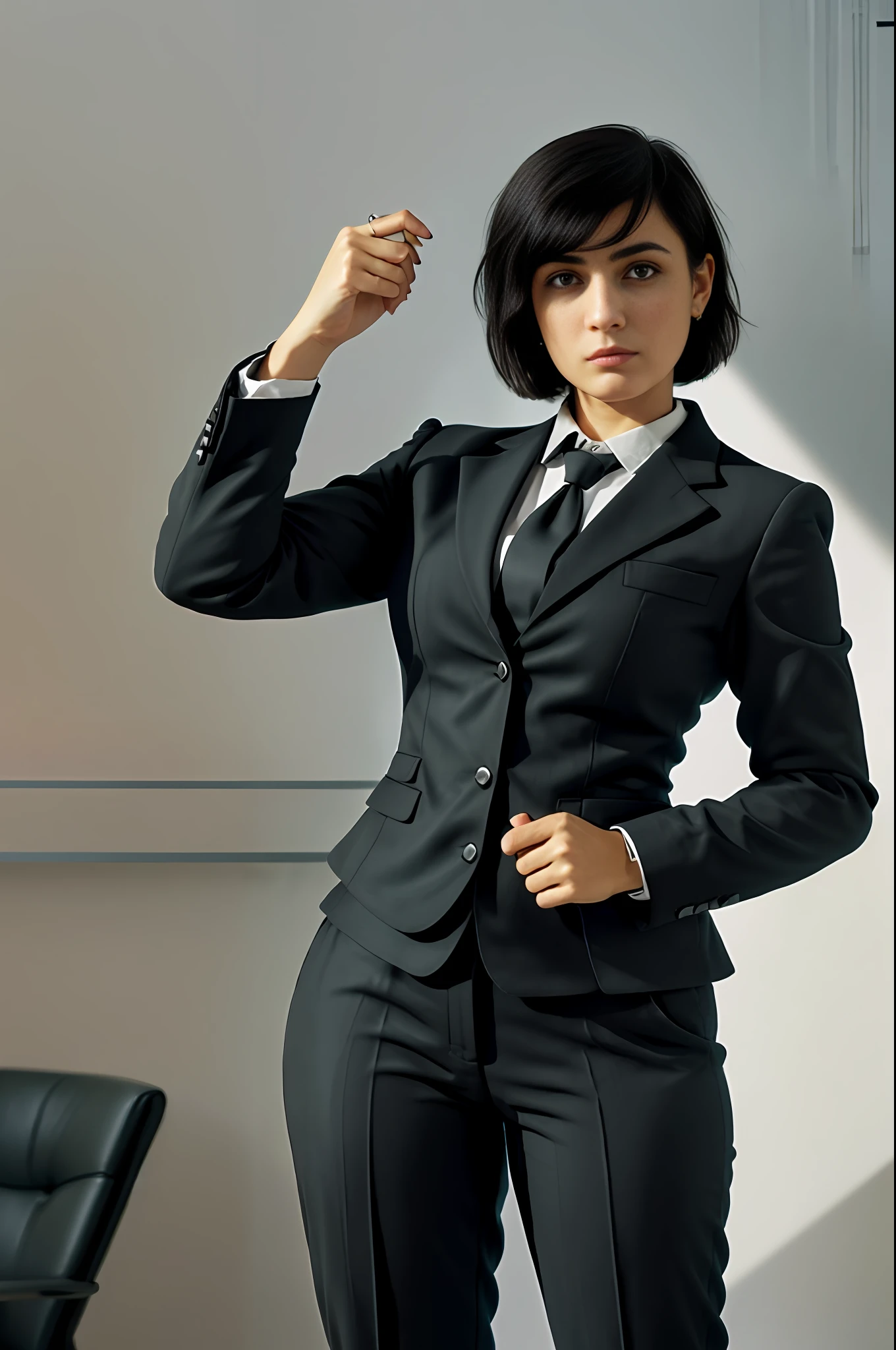 A Brazilian woman, (chubby: 1.5), male body, 1.5m tall, (chubby 75kg), (short hair: 0.3), (Pixie cut) (straight hair), (black hair), (round face: 1.7) wearing ((pants)) and (TOMBOY male black social suit), (((black TOMBOY style))), (((black suit))), ((female tie))), with curly arms, (((((serious businesswoman pose)))), inside the office, (four fingers and a thumb), (soft tones:1.25), (HDR:1.25), (artstation:1.2), dramatic, (intricate details:1.14), (hyperrealistic 3d render:1.16), (filmic:0.55), (rutkowski:1.1), (faded:1.3)