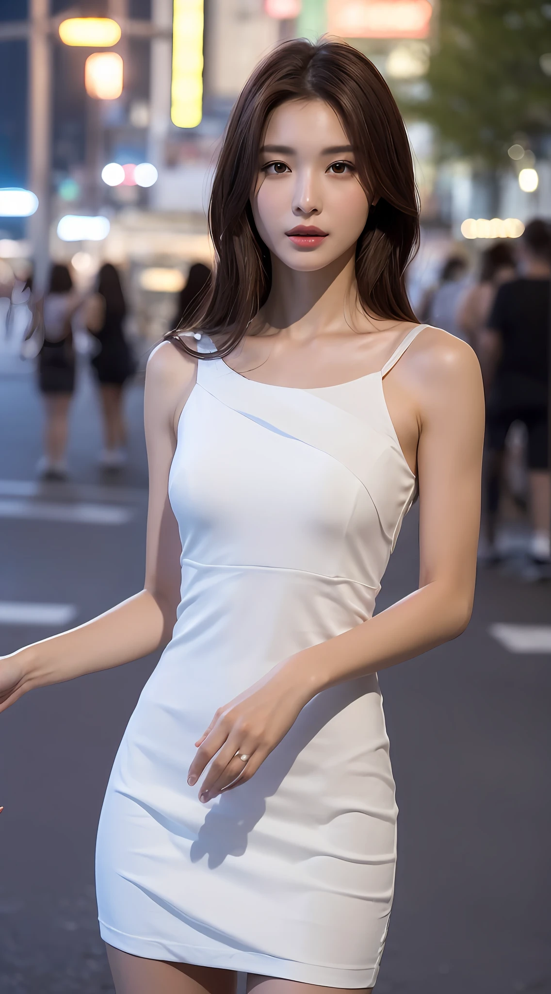 ((Realistic lighting, Best quality, 8K, Masterpiece: 1.3)), Focus: 1.2, 1girl, Perfect Figure: 1.4, Slim Abs: 1.1, ((Dark brown hair)), (White dress: 1.4), (Outdoor, Night: 1.1), City streets, Super fine face, Fine eyes, Double eyelids,