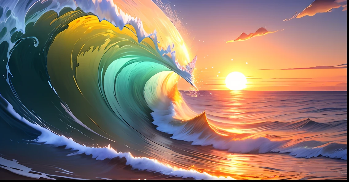 Masterpiece, best quality, (8k very detailed CG unit wallpaper) (best quality), (best illustration), (best shadows) a golden sea wave, bright orange aol sunset through the wave, golden droplets flying.