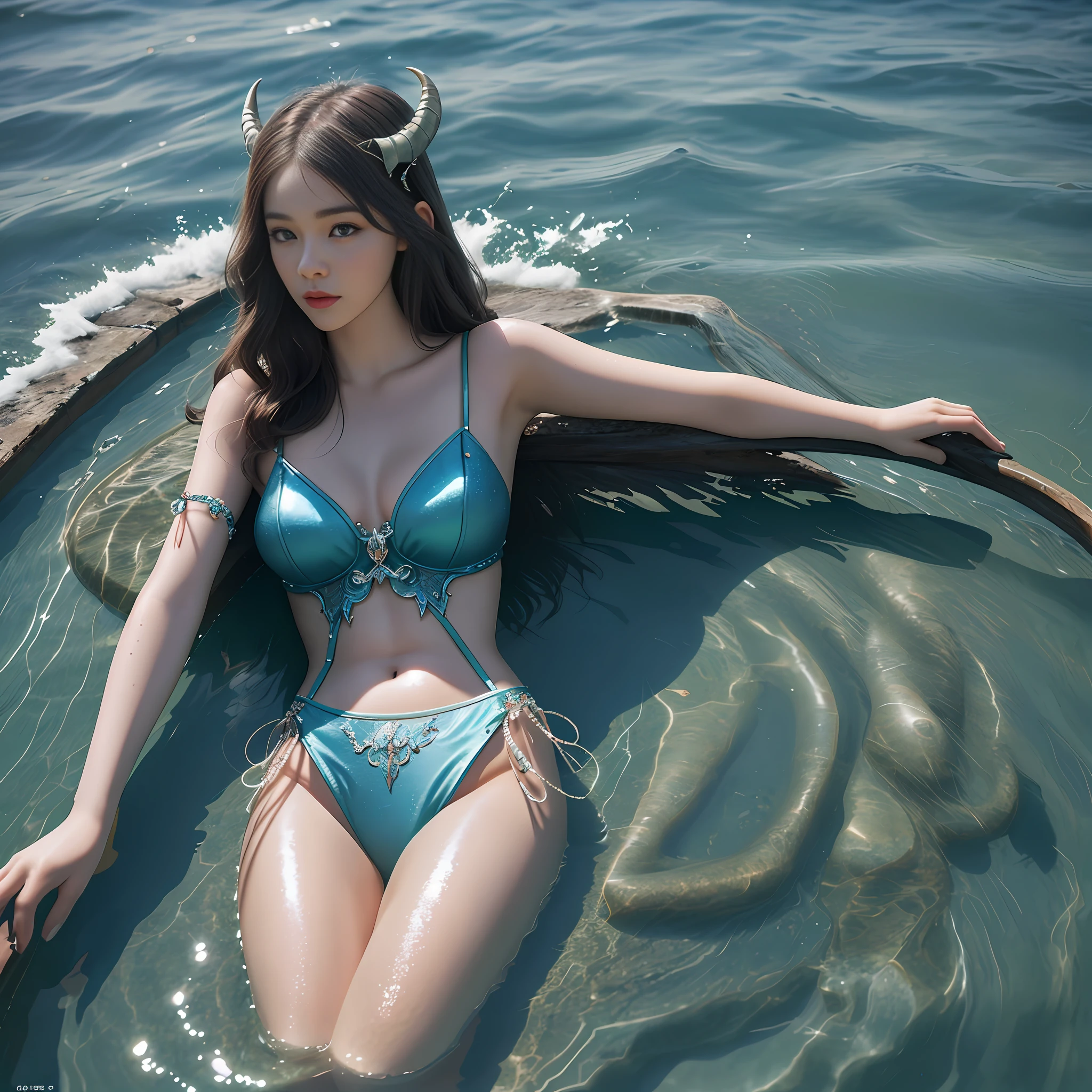 A stunning beauty Ysera in the body of a woman, 20 years old, naked, lying on the water, queen nucleus, stunning composition evokes a sense of admiration, ultra-realistic and ultra-detailed, epic cinematic lighting, 32k UHD resolution, multi-lens shot in Hasselblad H6D 400c, Mitakon Speedmaster 35mm f1.4 XCD