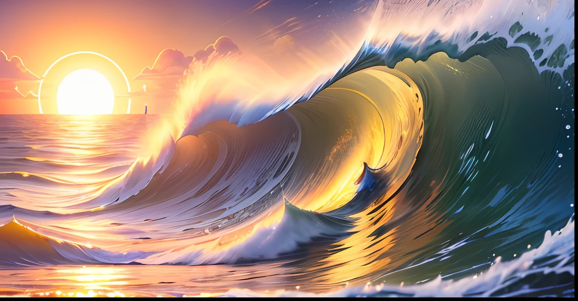 Masterpiece, best quality, (8k very detailed CG unit wallpaper) (best quality), (best illustration), (best shadows) a golden sea wave, bright orange aol sunset through the wave, golden droplets flying.