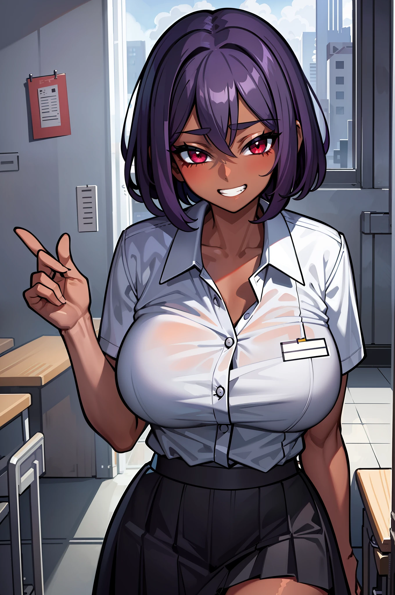 ((masterpiece)),(best quality),(detailed), 1girl, short hair, purple hair, messy hair, red eyes, grin, (dark skin:1.3), white school shirt, school skirt, portrait, classroom, huge breasts