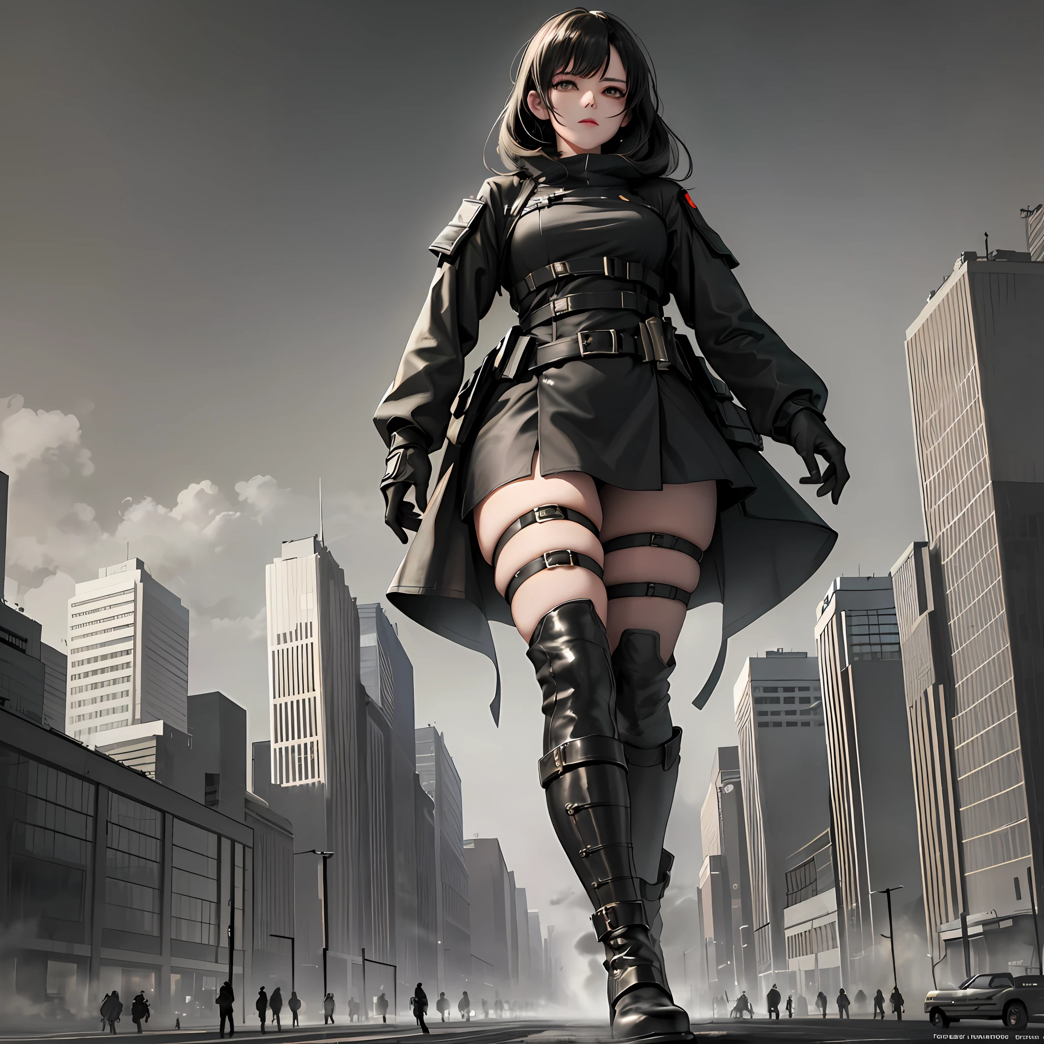 A very tall giantess, wearing black army boots, came out of the thick fog and slowly walks along the city street, enemy tanks are coming towards her, she is ready to crush them. (floating),(dark, drama),(high quality, masterpiece),(dynamic angle),(best illumination),(high contrast)