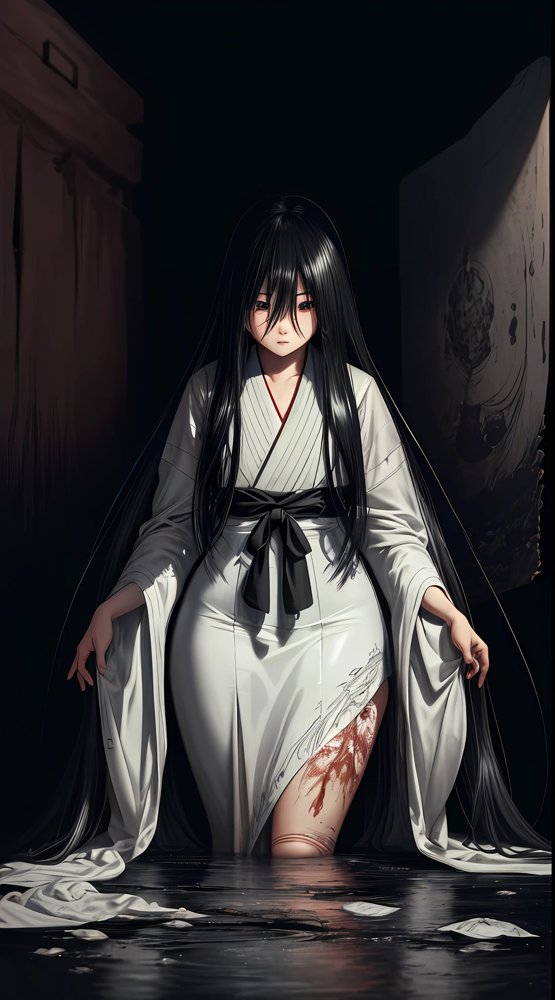 best quality, art cg, ultra-detailed, illustration, Amazing, finely detail, extremely detailed CG, beautiful detailed glow, artbook, Original, Sadako comming out from TV, dark room, horror, dark color, messy environment, perfect body, curved body, thick thigh, reveling dress