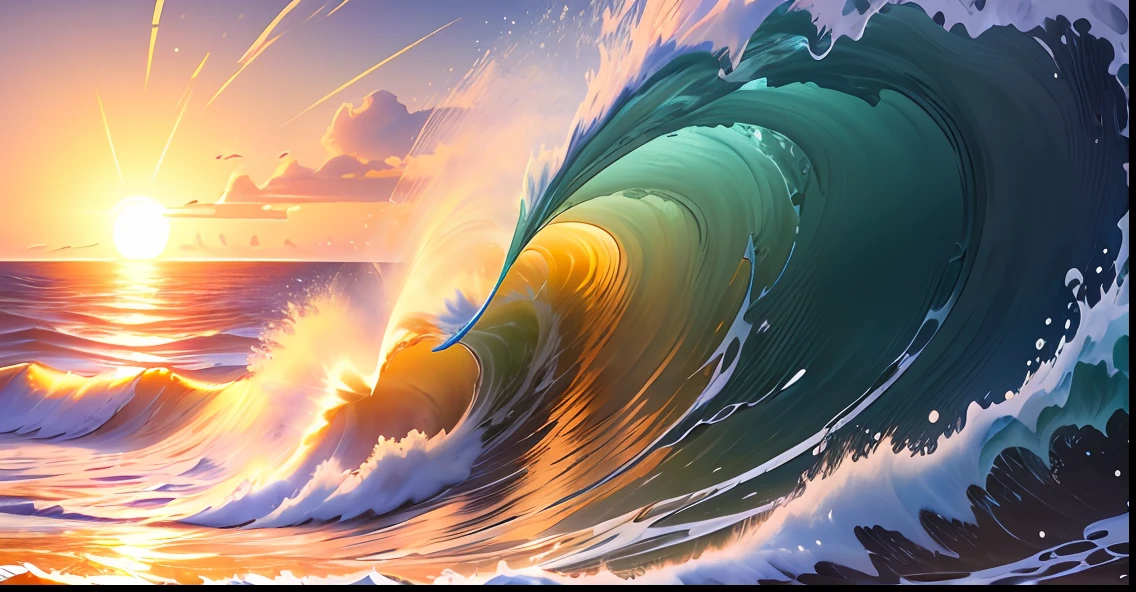 Masterpiece, best quality, (8k very detailed CG unit wallpaper) (best quality), (best illustration), (best shadows) a golden sea wave, bright orange aol sunset through the wave, golden droplets flying.