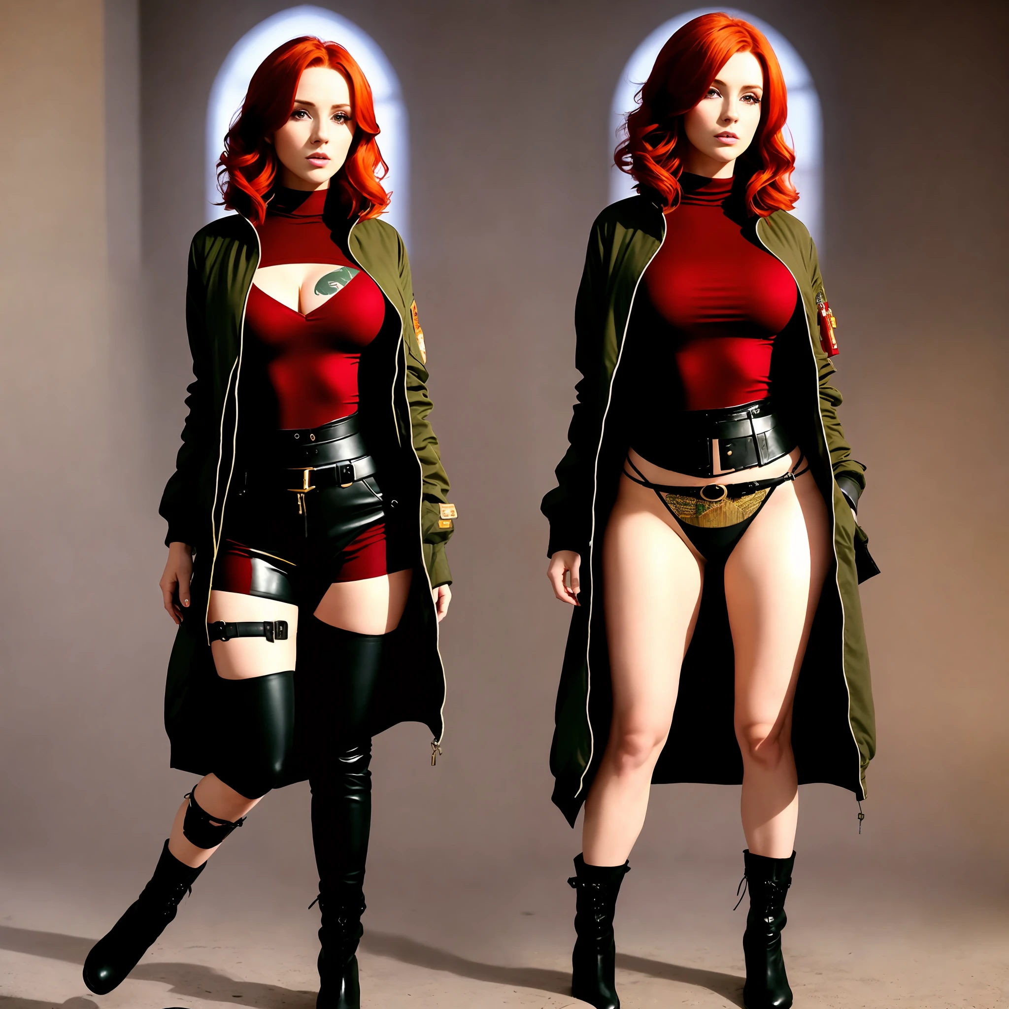 one woman only, red head, big bust long shirt, jacket, full body, 4k, photo, realistic, ((Irish woman)), big hips, bomber, boots, brunette, cowgirl, intricate, woman, muscular, oiled body, short hair,, strip club, tall, tanned skin, quiff with shaved fade, (deep neckline: 0.5)