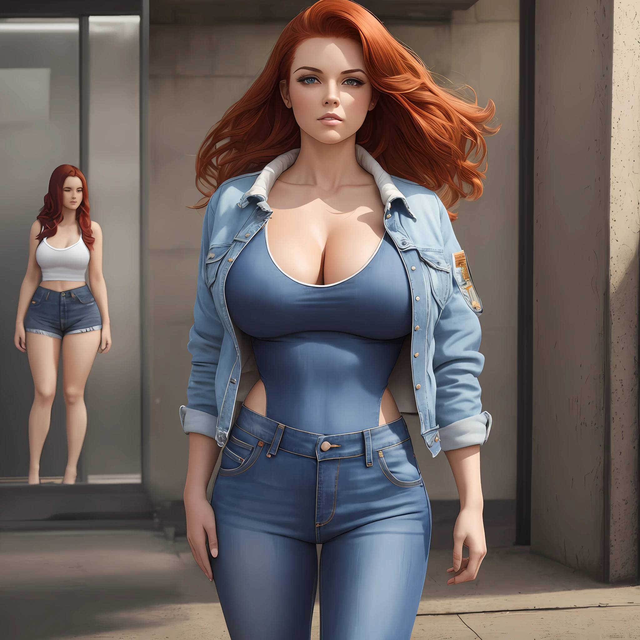 one girl only, redhead, outside, ((jacket jeans)), ((white tank top)) , thick legs, ((sfw)), 4k, photo, realistic, ((Irish woman)), big hips, bomber, boots, brunette, cowgirl, intricate hair , woman, muscular, oiled body, short hair, tits, strip club, tall, tanned skin, quiff with shaved taper fade,( deep cleavage:0.5)
