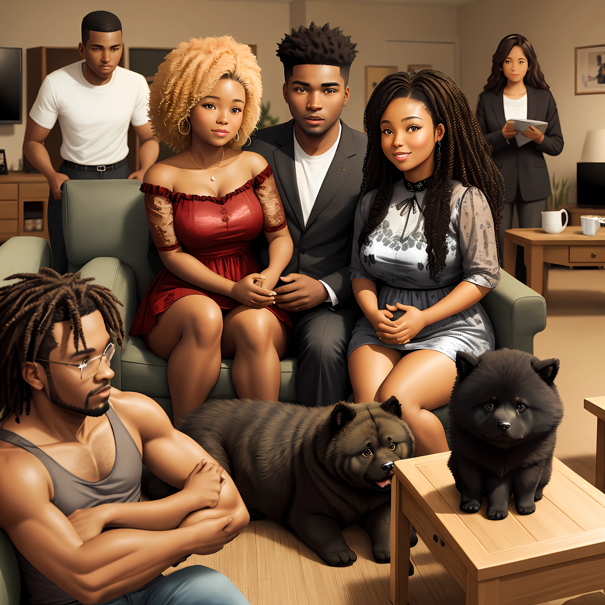 Family with five black people with a caramel Chow chow, in the living room playing