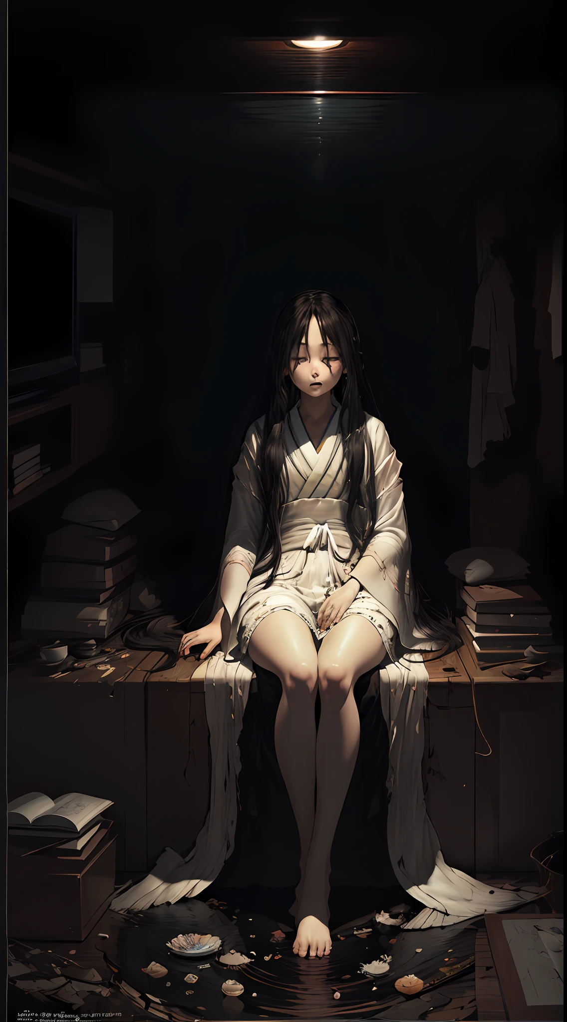 best quality, art cg, ultra-detailed, illustration, Amazing, finely detail, extremely detailed CG, beautiful detailed glow, artbook, Original, Sadako crawling out from TV, dark room, horror, dark color, messy environment, perfect body, curved body, thick thigh, reveling dress