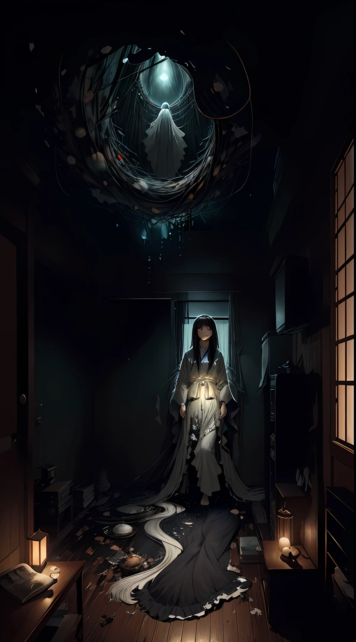 best quality, art cg, ultra-detailed, illustration, Amazing, finely detail, extremely detailed CG, beautiful detailed glow, artbook, Original, Sadako crawling out from TV, dark room, horror, dark color, messy environment, perfect body, curved body, thick thigh, reveling dress