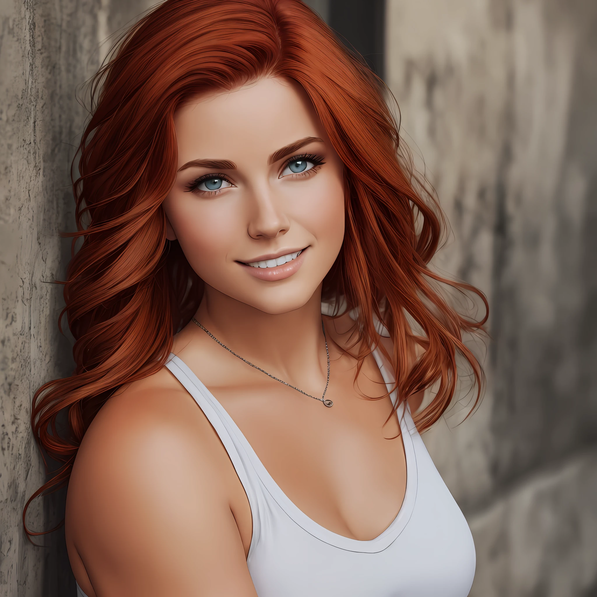 one girl only, redhead, outside, jacket jeans, white tank top, small clevage, deep clevage , sfw,  4k, photo, realistic, ((Irish woman)),  big hips, bomber, boots, brunette, cowgirl, intricate,  woman, muscular, oiled body, short hair, tits, strip club, tall, tanned skin, quiff with shaved taper fade,( cleavage:0.5)