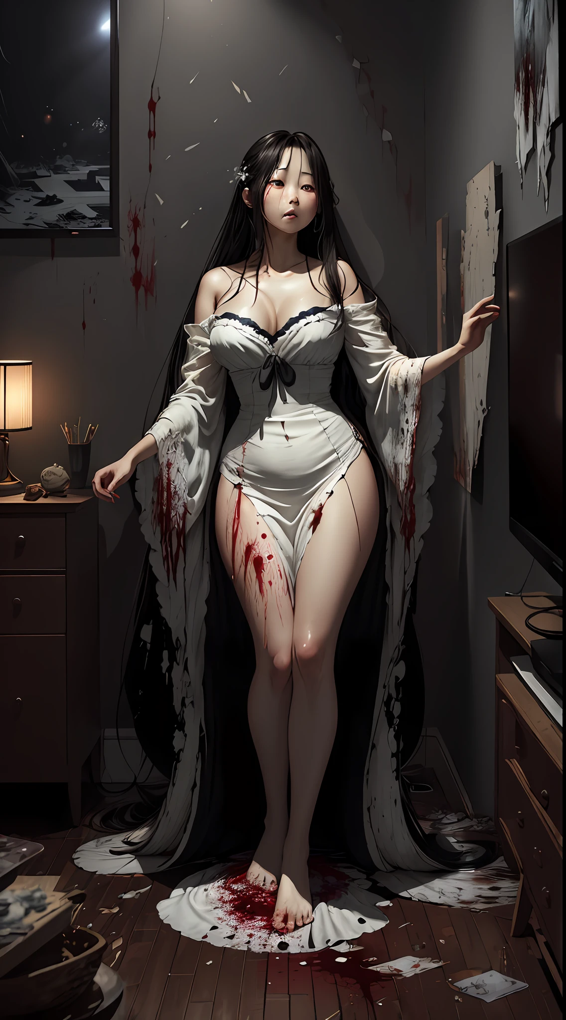 best quality, art cg, ultra-detailed, illustration, Amazing, finely detail, extremely detailed CG, beautiful detailed glow, Original, Sadako crawling out from TV, dark room, horror, dark color, messy environment, blood, milf, perfect body, curved body, thick thigh, reveling dress