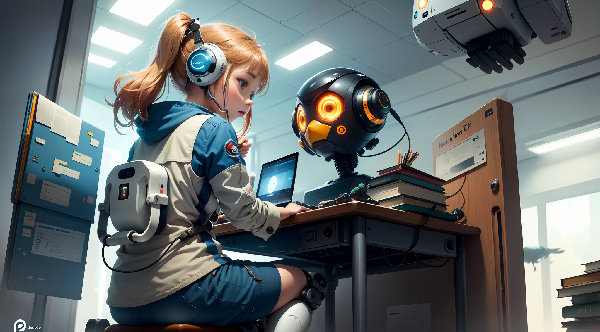 One beautiful  bird, one girl operating a computer, AI robot, book cover, illustration, library