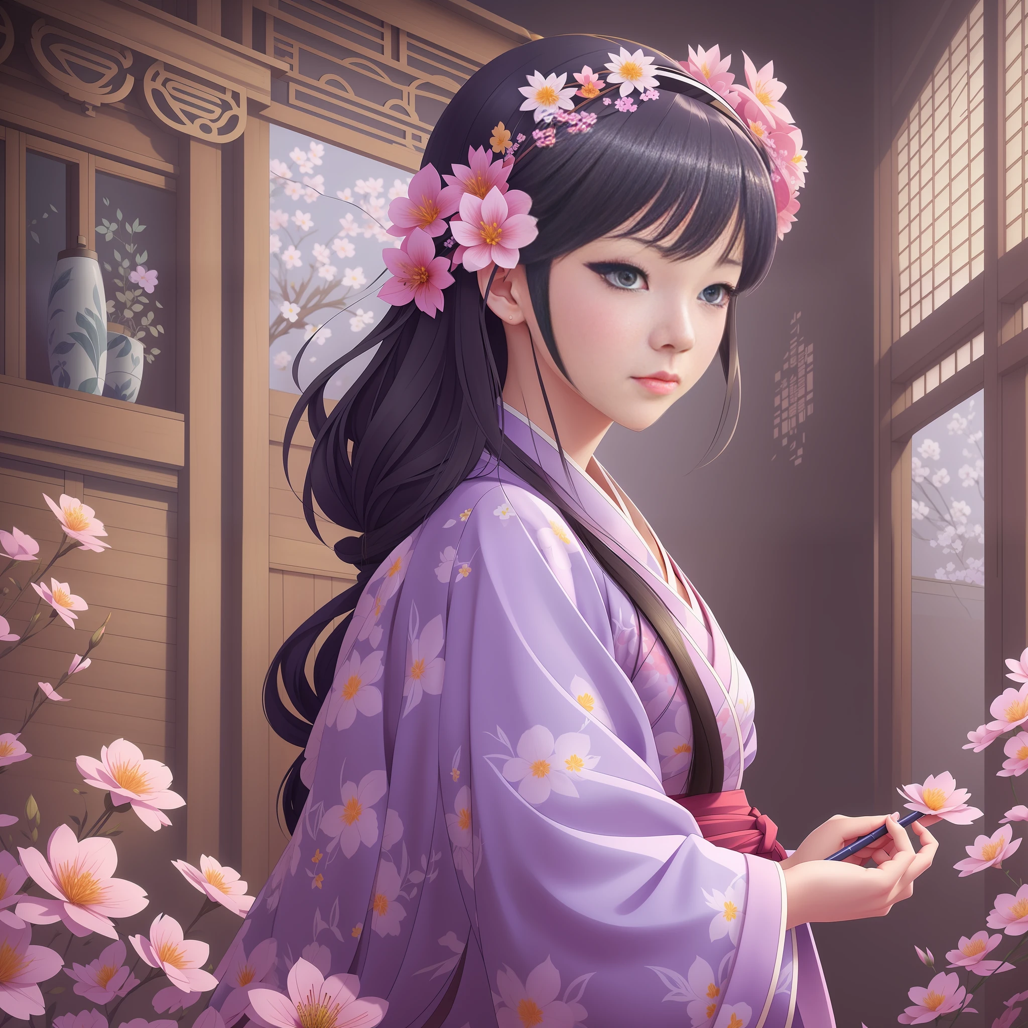 arafed woman in a kimono with flowers on her head, beautiful digital artwork, beautiful digital illustration, beautiful digital painting, gorgeous digital painting, artwork in the style of guweiz, photorealistic anime girl render, smooth anime cg art, beautiful digital art, great digital art with details, stunning digital illustration, detailed digital anime art, render of april, beautiful anime portrait