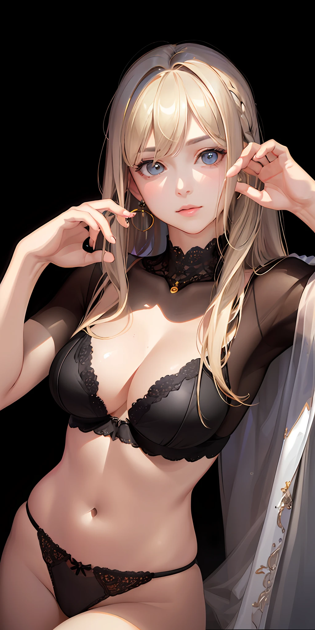 (Photorealistic:1.4), (Masterpiece, Sidelight, Fine Beautiful Eyes: 1.2), Masterpiece*Portrait, Realistic, 3D Face, Luminous Eyes, Glossy Hair, Glossy Skin, Alone, Embarrassing, (Epigastric), Black Underwear, Blonde Hair,