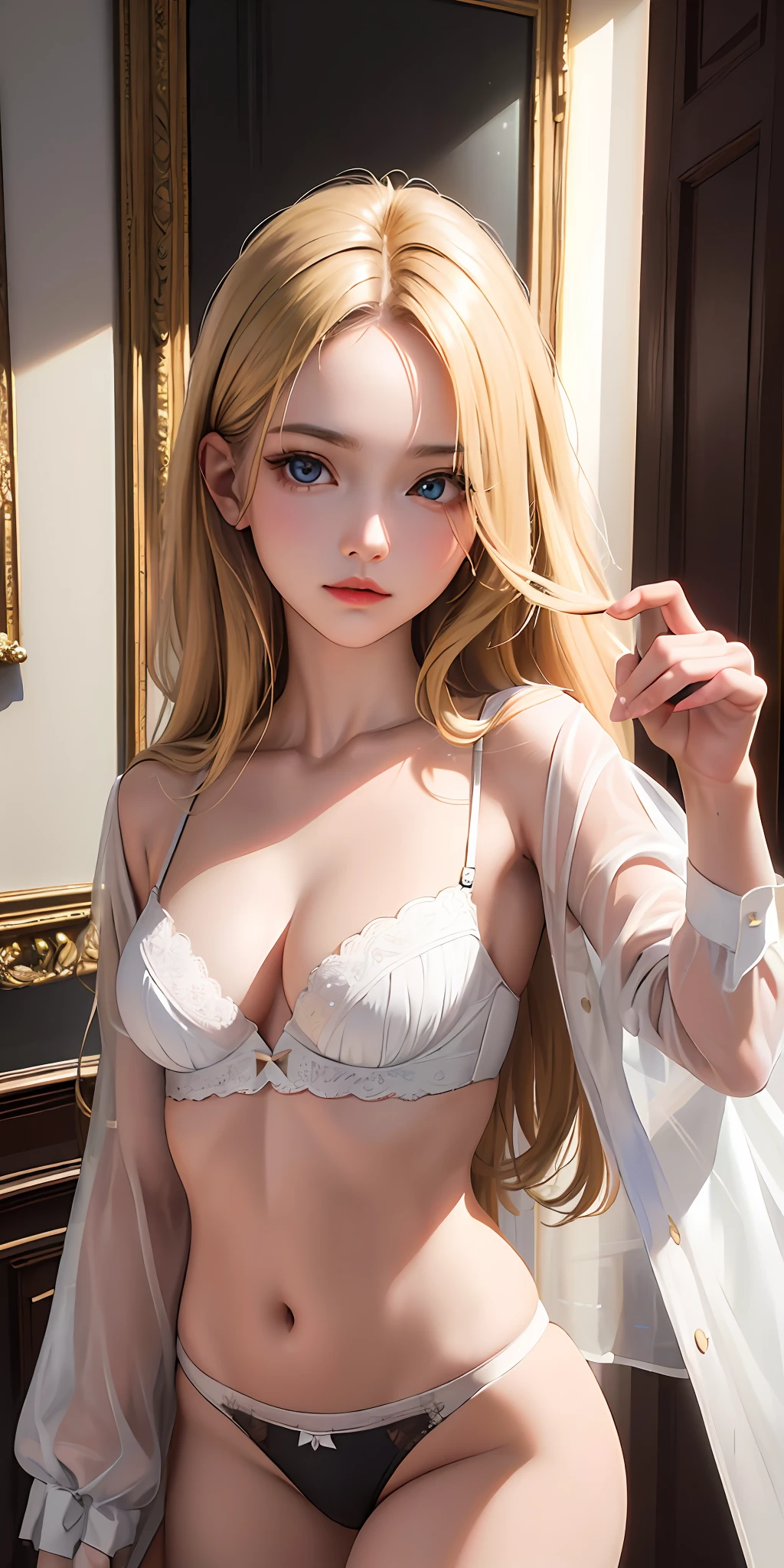 (Photorealistic:1.4), (Masterpiece, Sidelight, Fine Beautiful Eyes: 1.2), Masterpiece*Portrait, Realistic, 3D Face, Luminous Eyes, Glossy Hair, Glossy Skin, Alone, Embarrassing, (Epigastric), Black Underwear, Blonde Hair,