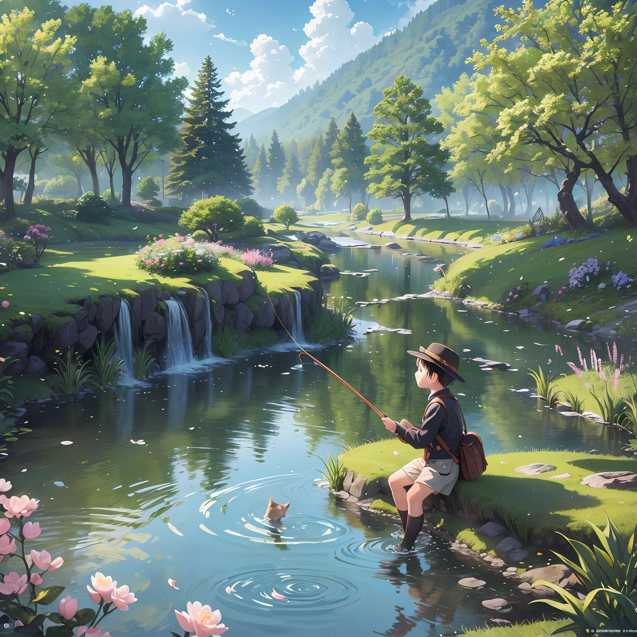 Masterpiece, best quality, (very detailed CG Unity 8k wallpaper) (best quality), (best illustration), (best shade) nature', green pond, 1 fishing by the river, 1 kitten watching, cherry blossoms, tracking, super detailed --v6