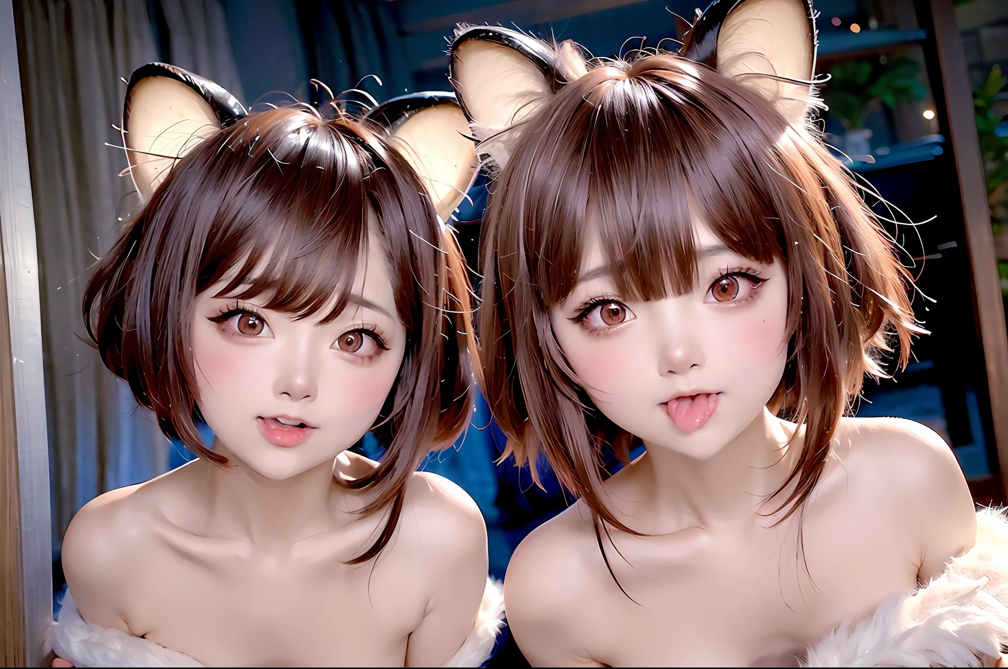 ulzzang-6500-v1.1,, (RAW photos, highest quality,high quality,high definition), (realistic, photorealistic), ultra detail, (front lighting), close-up portrait, physically based rendering, normal proportions, ((1 girl)), (high detail skin: 1.3), sloping head, detail eyes, air bang, Chinoise architecture, (((nude, nude)), brown hair, blush, doya face, short cut hair, fluffy cat ears, see-through, mouth closed
