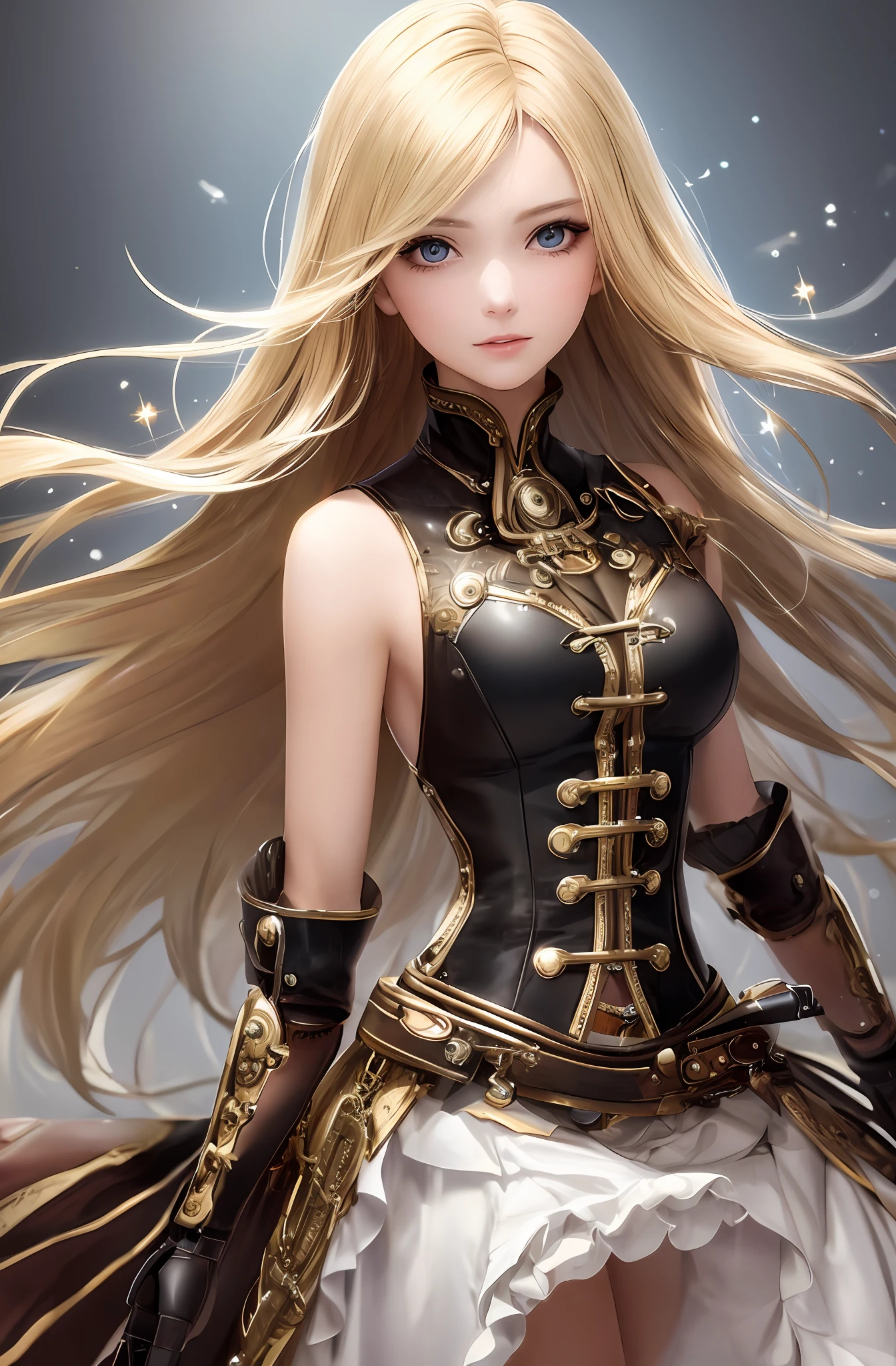 Best quality, masterpiece, upper body, woman, windblown blonde hair, sparkling eyes, steampunk style,