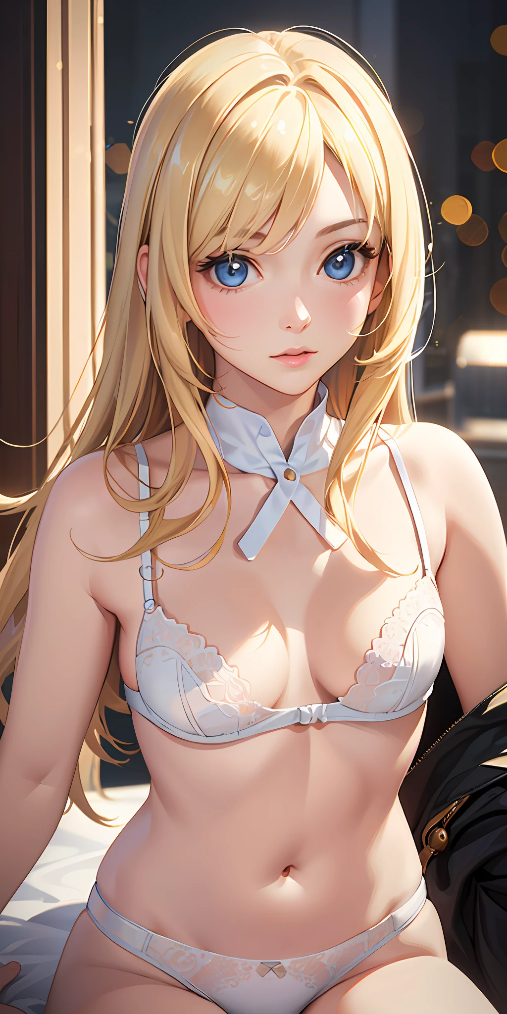 (Photorealistic:1.4), (Masterpiece, Side Light, Fine Beautiful Eyes: 1.2), Masterpiece*Portrait, Realistic, 3D Face, Luminous Eyes, Glossy Hair, Skin Luster, Alone, Embarrassing, (Epigastric), White Underwear, Blonde Hair,