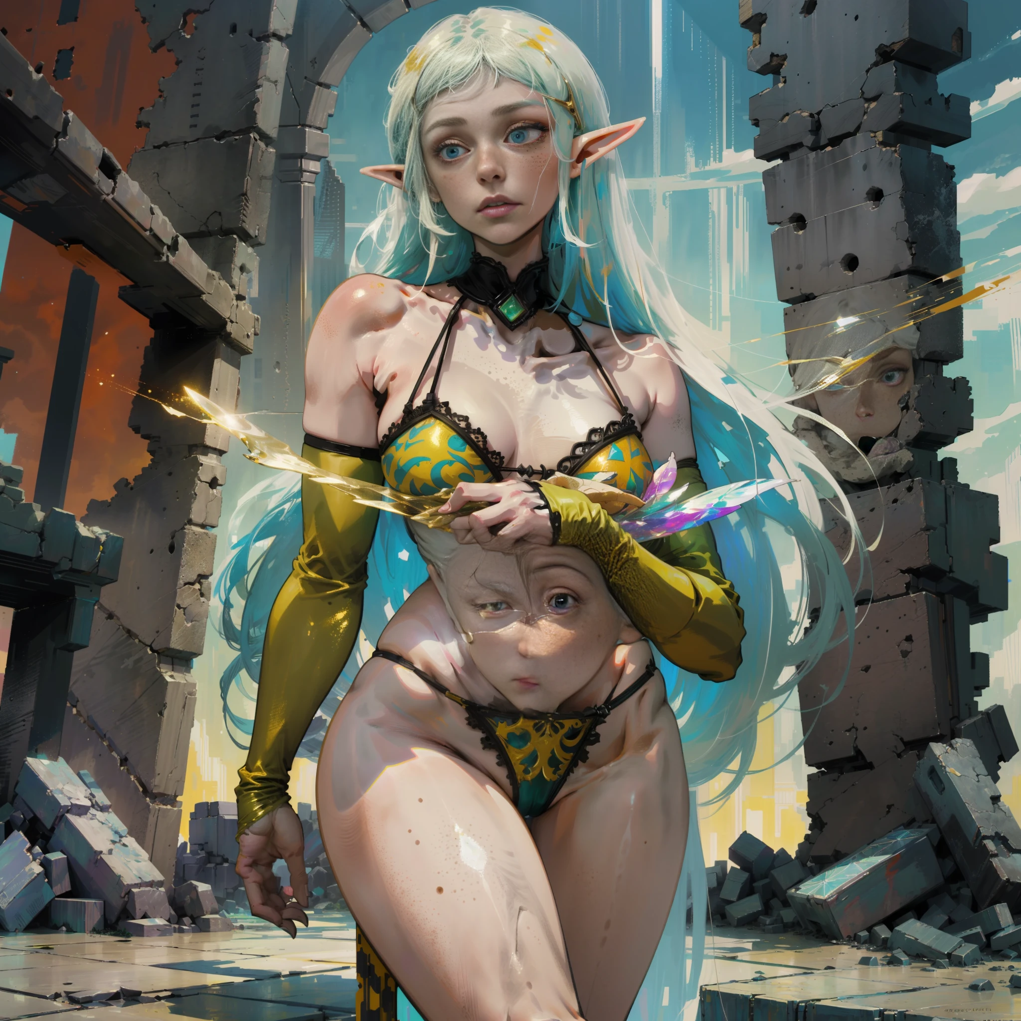 a portrait of an elf with freckles and bright striking blue eyes posing for a photo, thick legs, full body, thong, white freckles, long flowing green hair flying, portrait, beautiful pale makeup, color portrait, et, stunning portrait, elegant freckles, wearing black thongs, black gloves, blood, gold dust spread across the skin and face, walking. (dark, hyper-realistic photos (((portrait))) of glass refraction 1vase, background of post-apocalyptic ruins, soft cinematic light, soft tones, insane details, intricate details, suitable for viewing in public places, perfectly