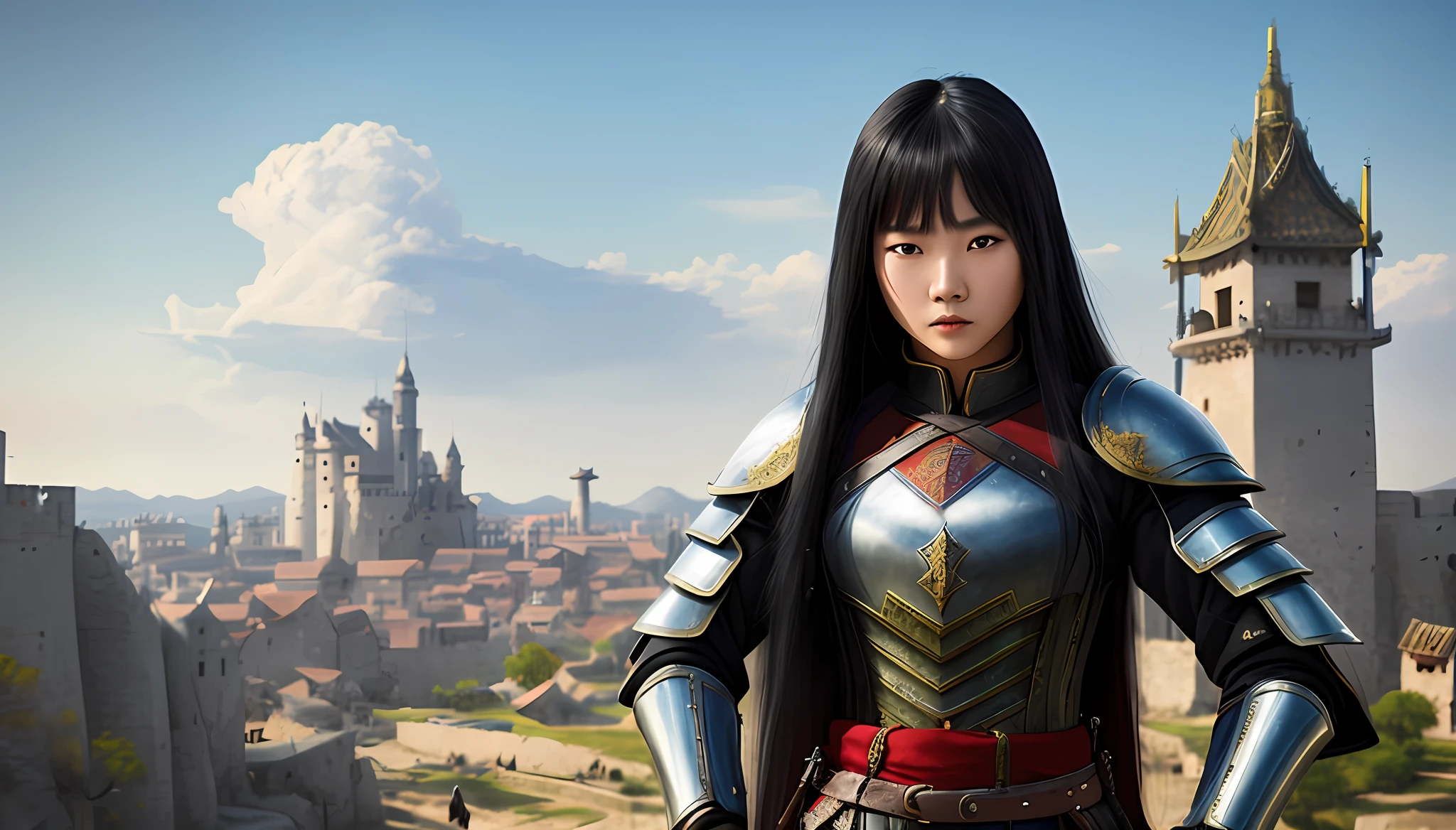 A young Korean woman raised in the medieval West, with serious expression, holding sword, warrior wearing Western armor, with long black hair, villain, thief, murderer, medieval city background, suspicious