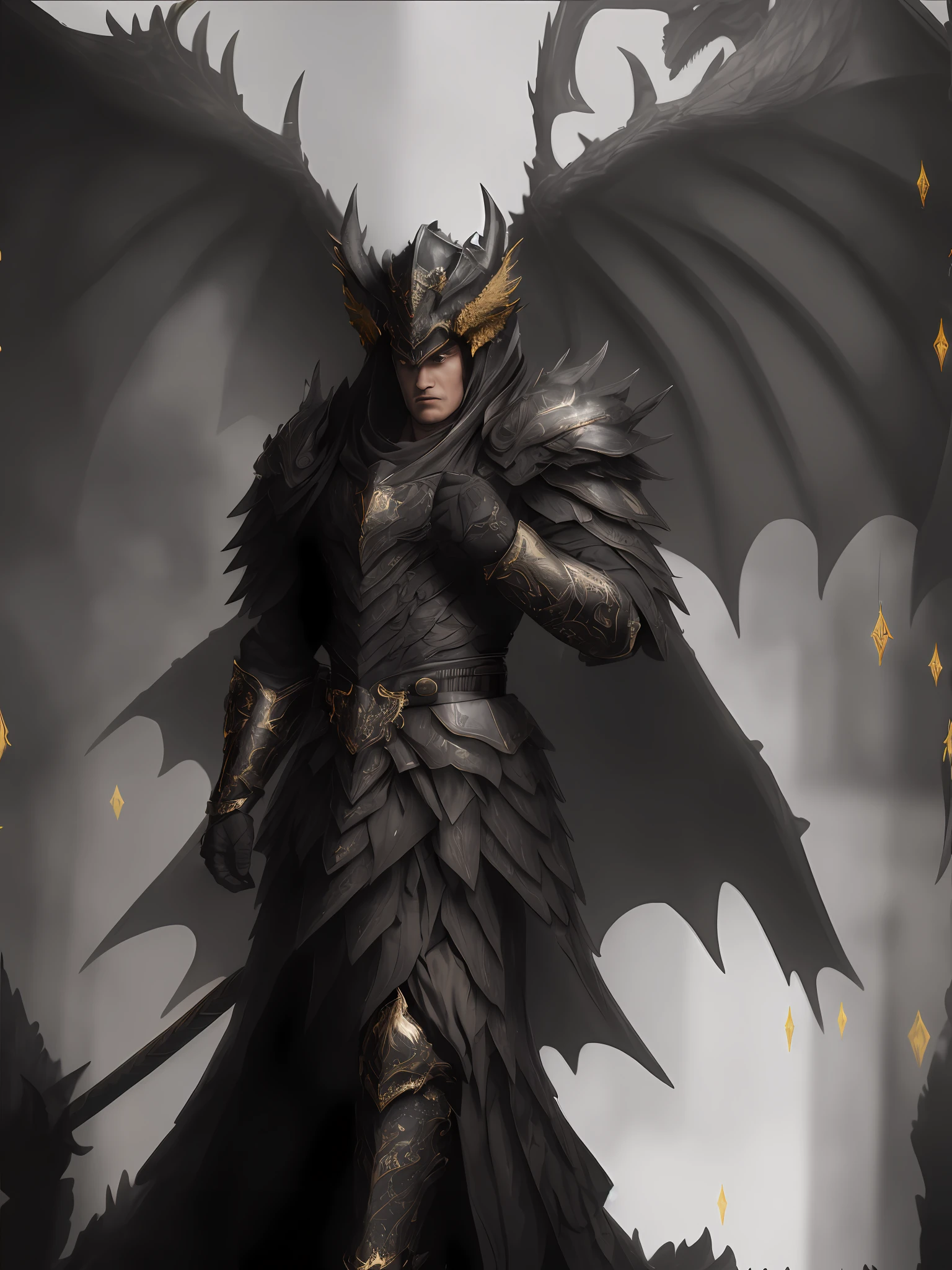 High detailed details, realistic, Masterpiece, cinematic scene, heroic Hero, extreme high detailed black dragon helmet with pronounced golden engravings, extreme high detailed heavy black plate Armor with pronounced golden shining engravings, extreme high detailed black heavy plate glovers with pronounced golden shining engravings, extreme high detailed black heavy plate boots with golden shining engravings, a golden belt decorates his hips, extreme high detailed red and golden tunic under his complete steel armor, his wings on his shoulders are red colored with golden ornate feathers on his back, ultra high detailed wings,