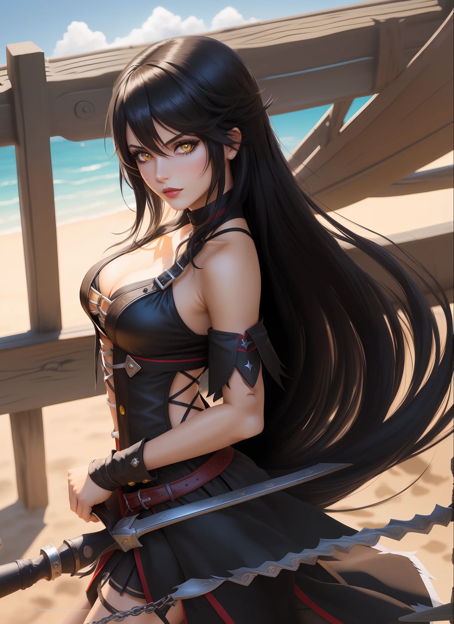 solo, 1woman, Velvet Crowe (from tales of berseria), (yellow eyes, pele branca, very long messy black hair, gargantilha, seios pequenos, lipstick, maquiagem, delineador),weraing sexy lingeries, cowboy shot, at the ships deck, (anime style, obra-prima, melhor qualidade, melhores sombras, background detalhado, sharp focus, 8k)