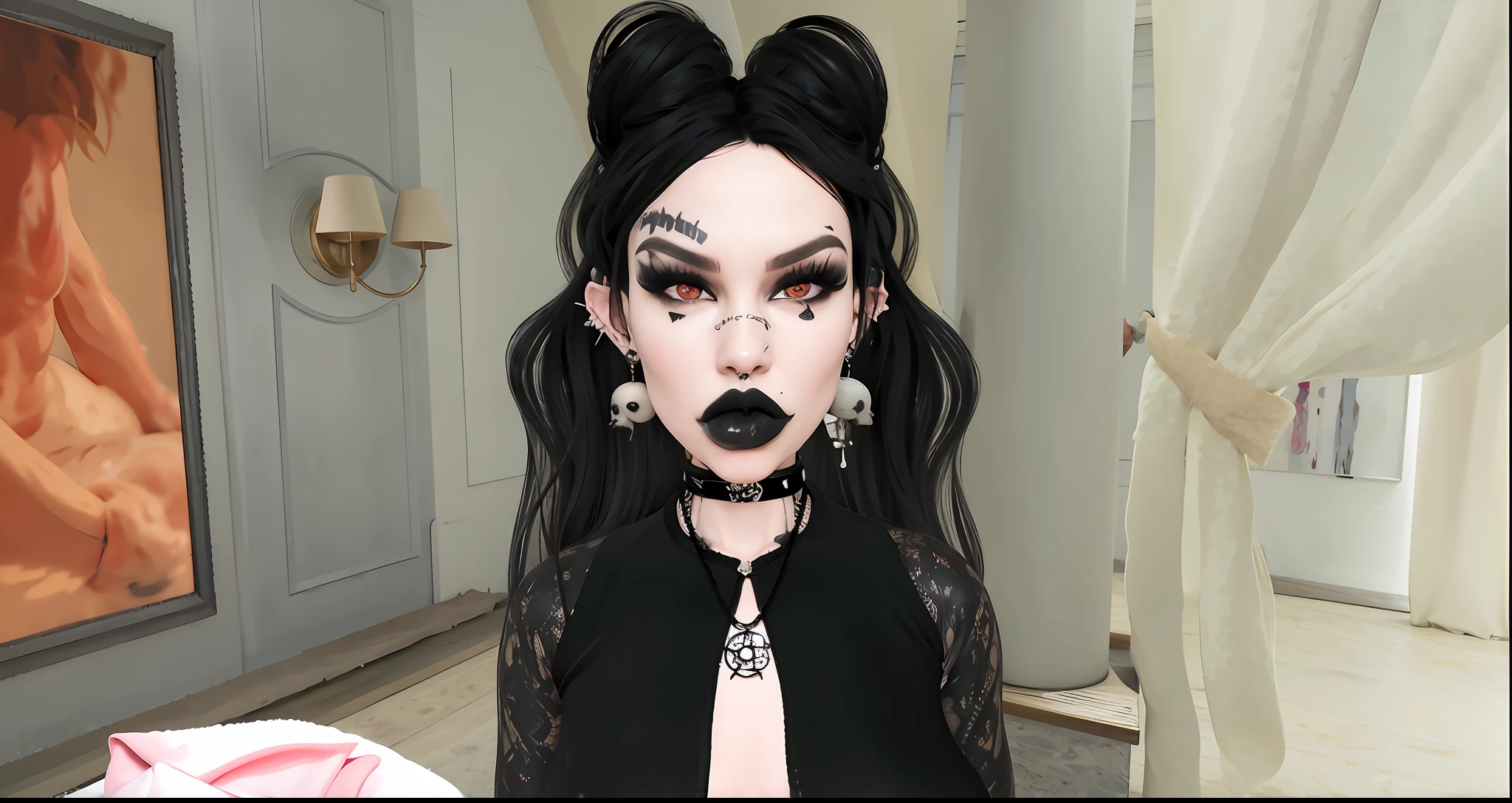 There is a white Caucasian woman with black hair  on top of her head in front of two hair buns with black lipstick that is glossy. She has red eyes and a neck tattoo with a gothic fashion sense She wears a pentagram necklace that hangs at her chest.  render as close to original picture as possible,( ( White ) ) ( ( Caucasian ) ), goth, beauty, HD, pretty, moody colors