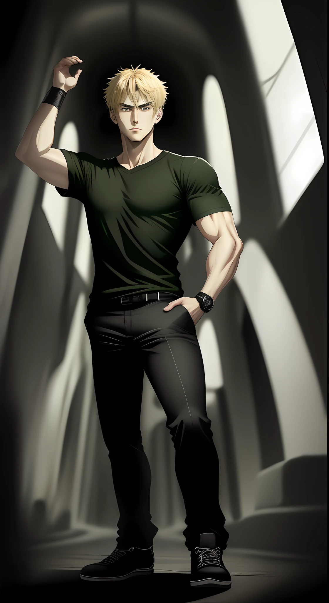 A handsome man with blonde hair and green eyes, wearing a black T-shirt, anime style portrait, Kentaro Miura art style