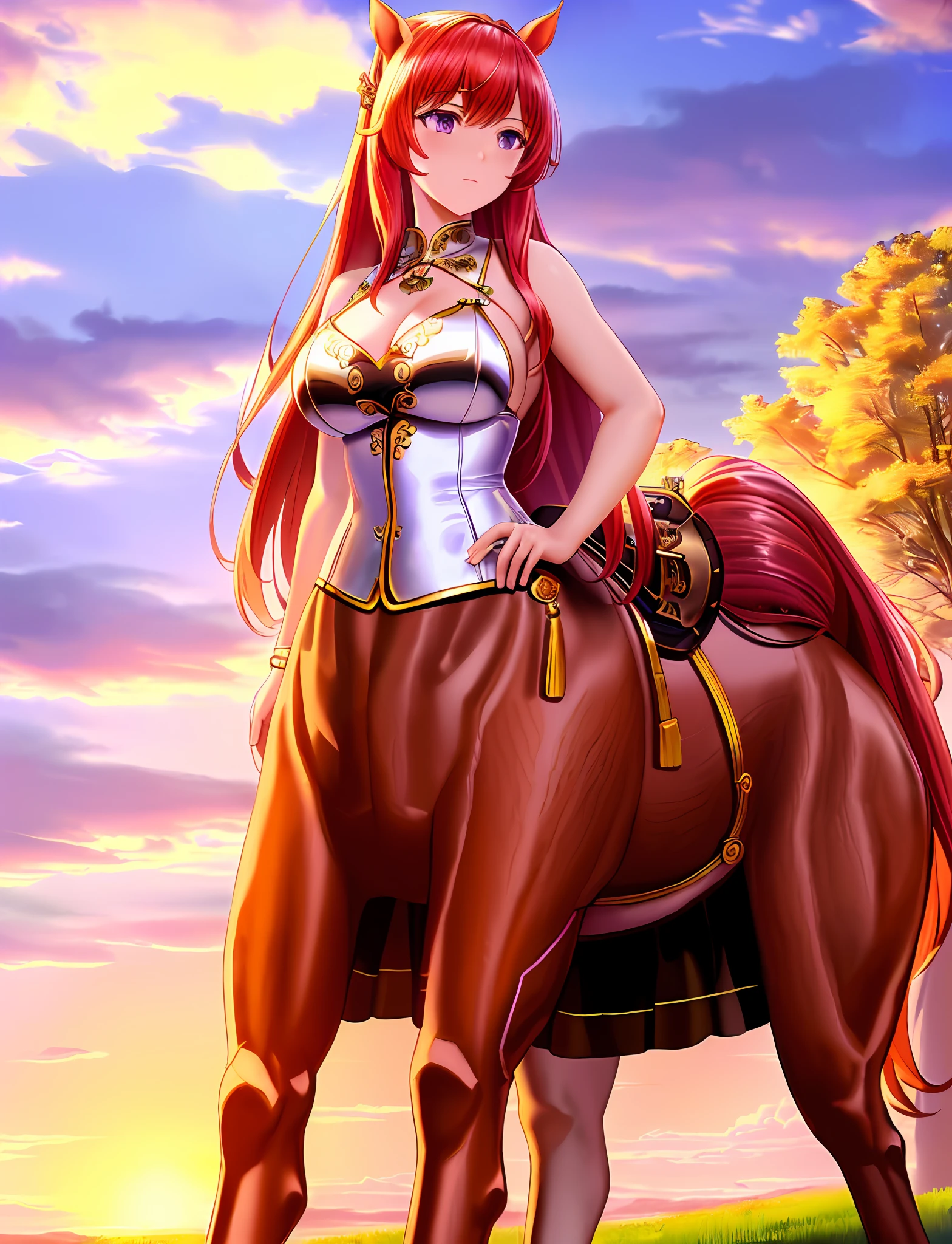 Highly detailed, high quality, extremely detailed CG, 8k wallpapers, (((masterpiece))), ((super detailed)), ((illustration)), horse, girl, (centaur), (halfhorse man),
((A centaur with a girl's head and chest and a horse body)), white bikini, castle, red hair, purple eyes