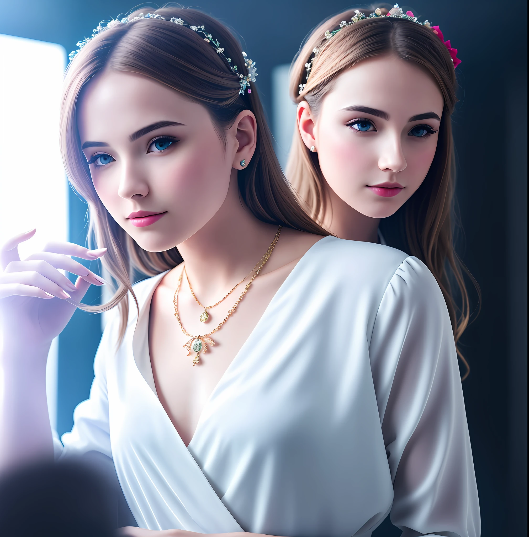 Best quality, masterpiece, high resolution, 1girl, porcelain dress, hair accessories, necklace, jewelry, beautiful face, on the body, Tyndall effect, realistic, dark studio, edge lighting, two-tone lighting, (high detail skin: 1.2), 8k UHD, dslr, soft light, high quality, volumetric light, candid, photo, high resolution, 4k, 8k, background blur,