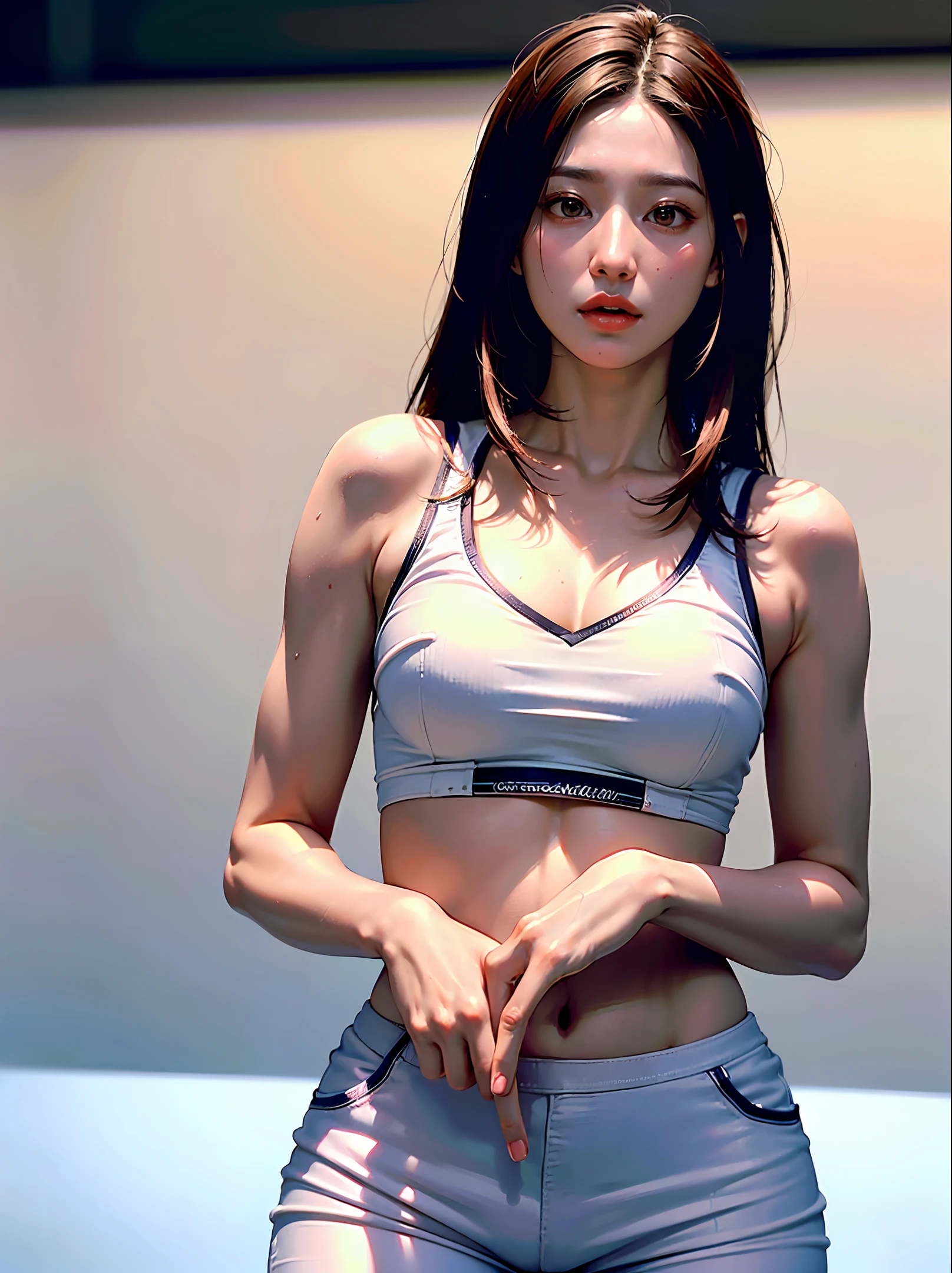 Holding basketball on court, standing position, looking at camera, wearing basketball uniform, basketball court background, bra, (((chest cleft)), visible breasts, pants, tight white soft clothes (((tight pants)), NBA, masterpiece, photo details, especially eyes, details, emphasis on realism, is a realistic masterpiece, this official background, super beautiful, aesthetic, Aesthetic, Best Quality, Show Elegance and Aesthetics of Images, 8K, Cinematography, 4HD, Emphasis (on tight clothes), (Prominent panties), (Split chest),Shoot scene