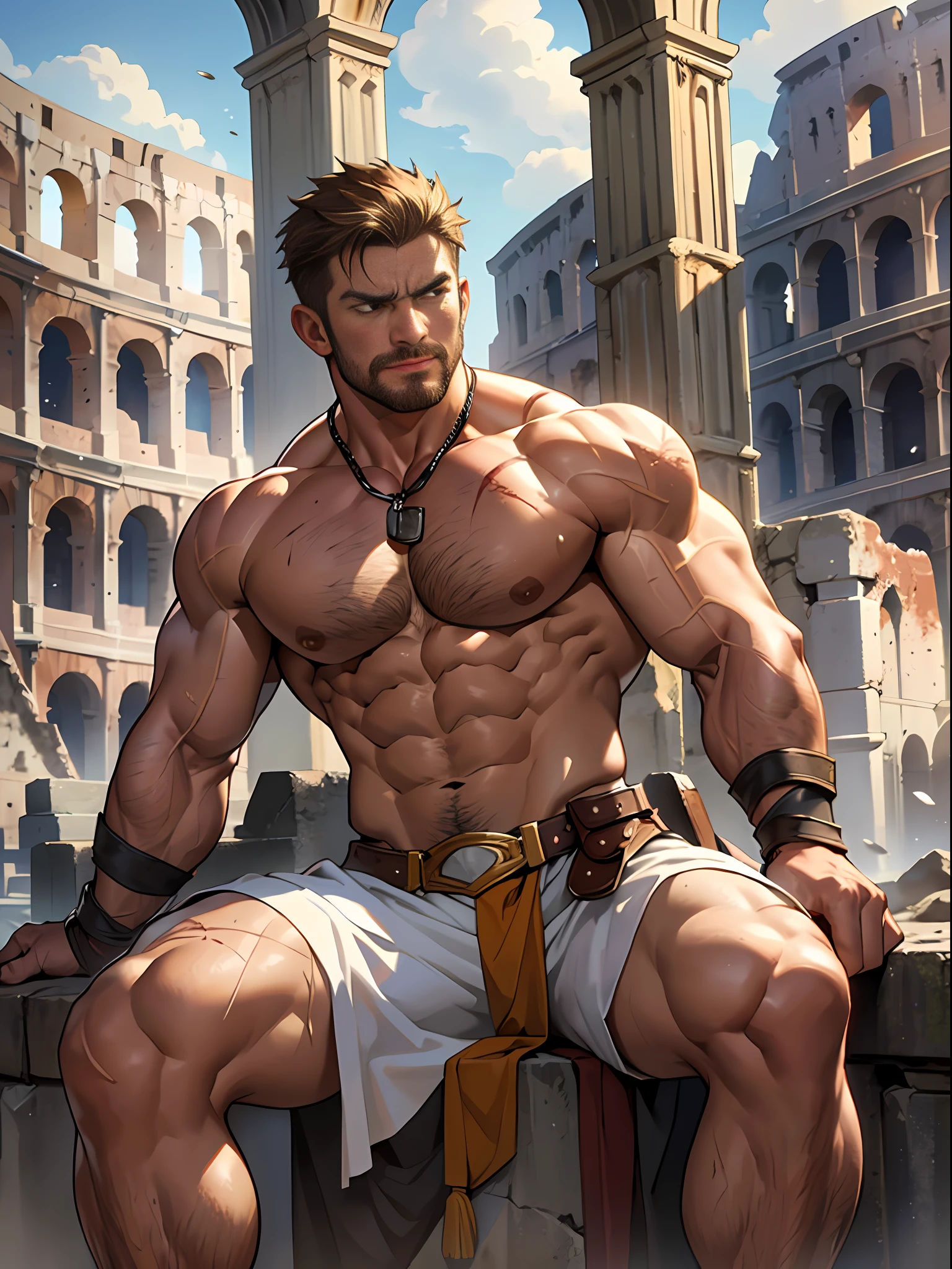 30 years old, male, white inch, stubble, huge muscles, mature man, muscle swelling, bodybuilding, chest muscles, abs, in the Colosseum, worn-out breastplate, scars, angry expression, blood stains on the body, natural light, wheat-colored skin, 1man, sitting