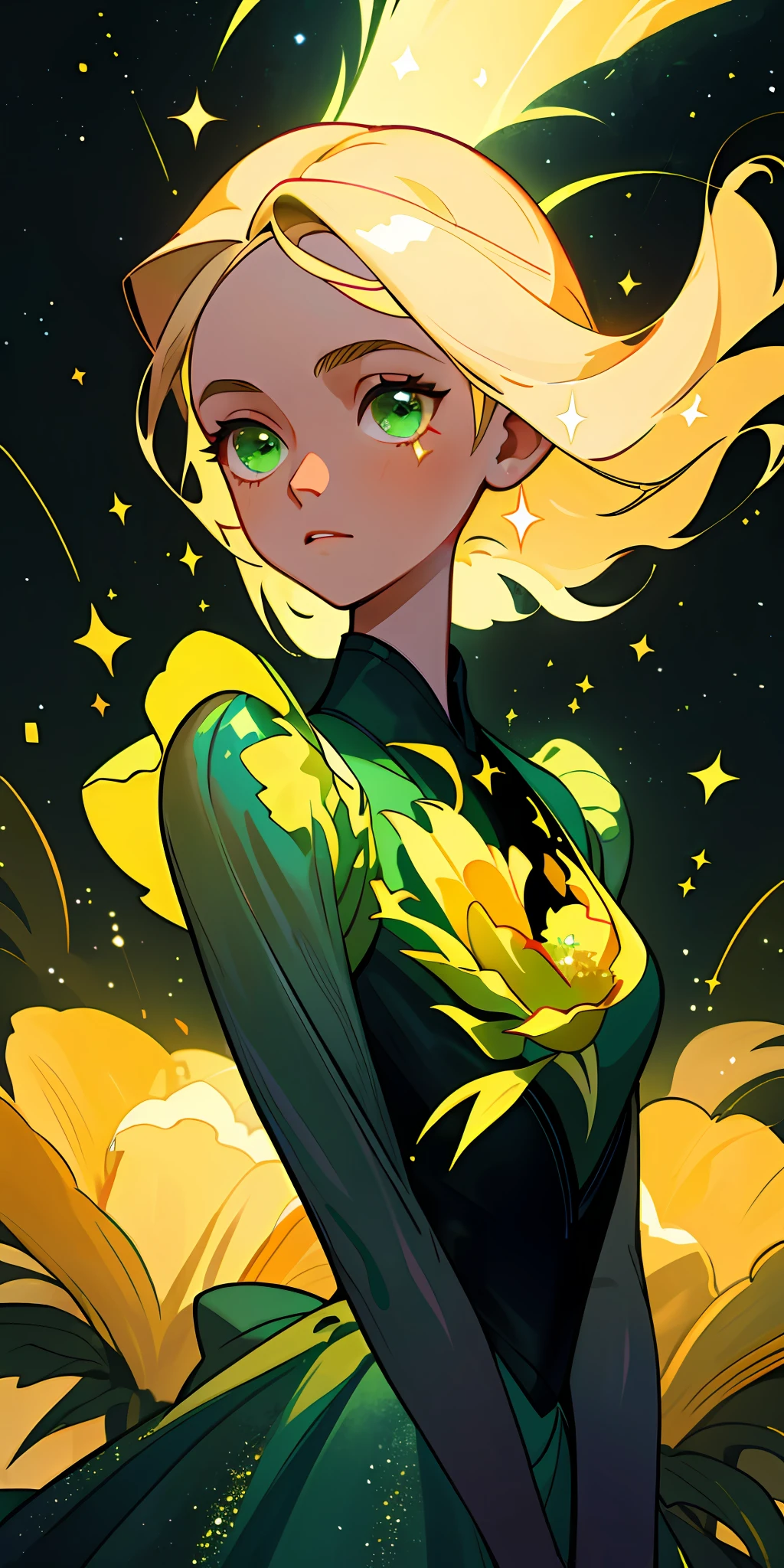 (Best quality, masterpiece), 1girl, galaxy, glitter, green dress, particles, wind, flowers, upper body, dark simple background, looking at the audience, blonde,