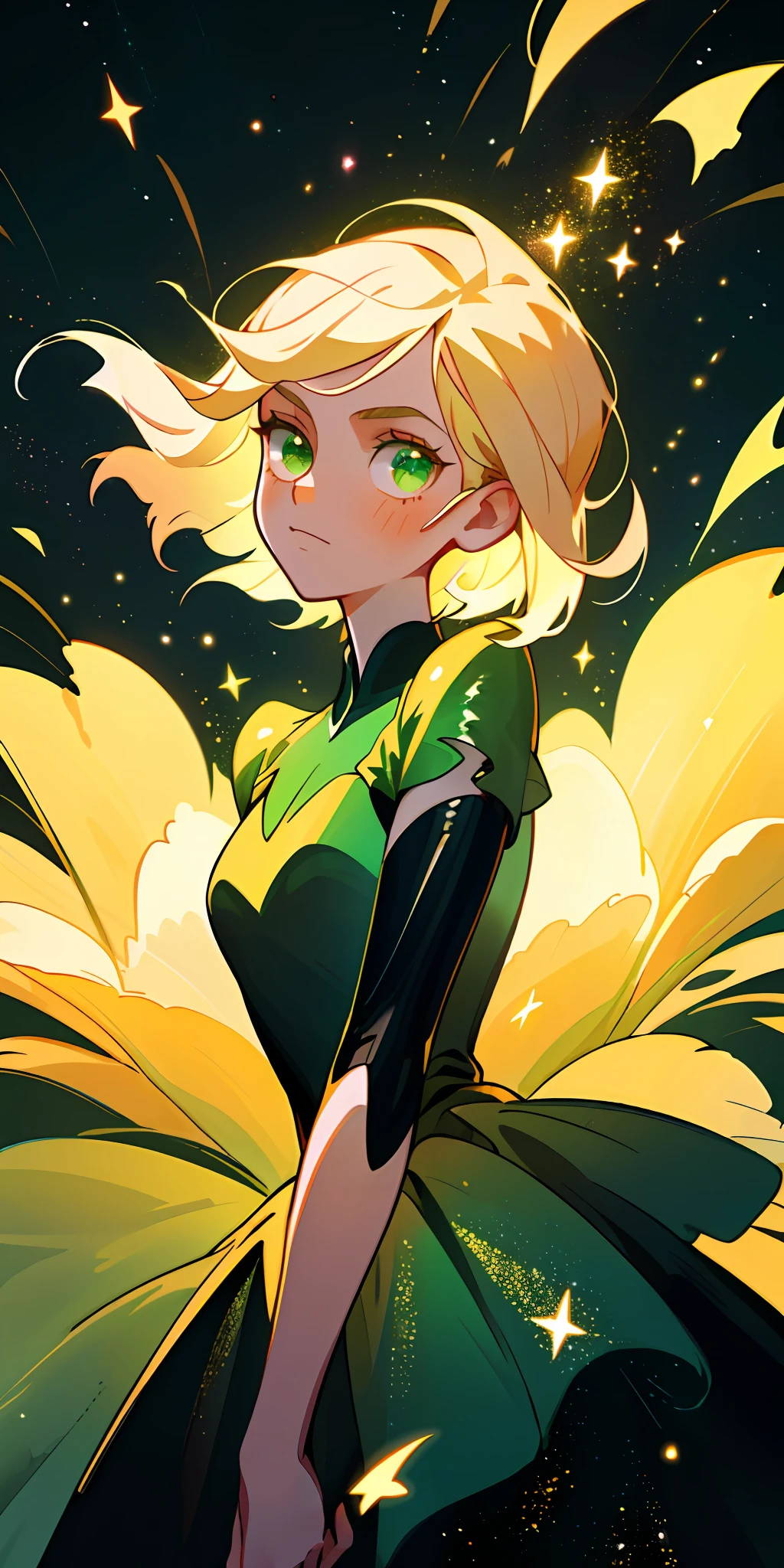 (Best quality, masterpiece), 1girl, galaxy, glitter, green dress, particles, wind, flowers, upper body, dark simple background, looking at the audience, blonde,