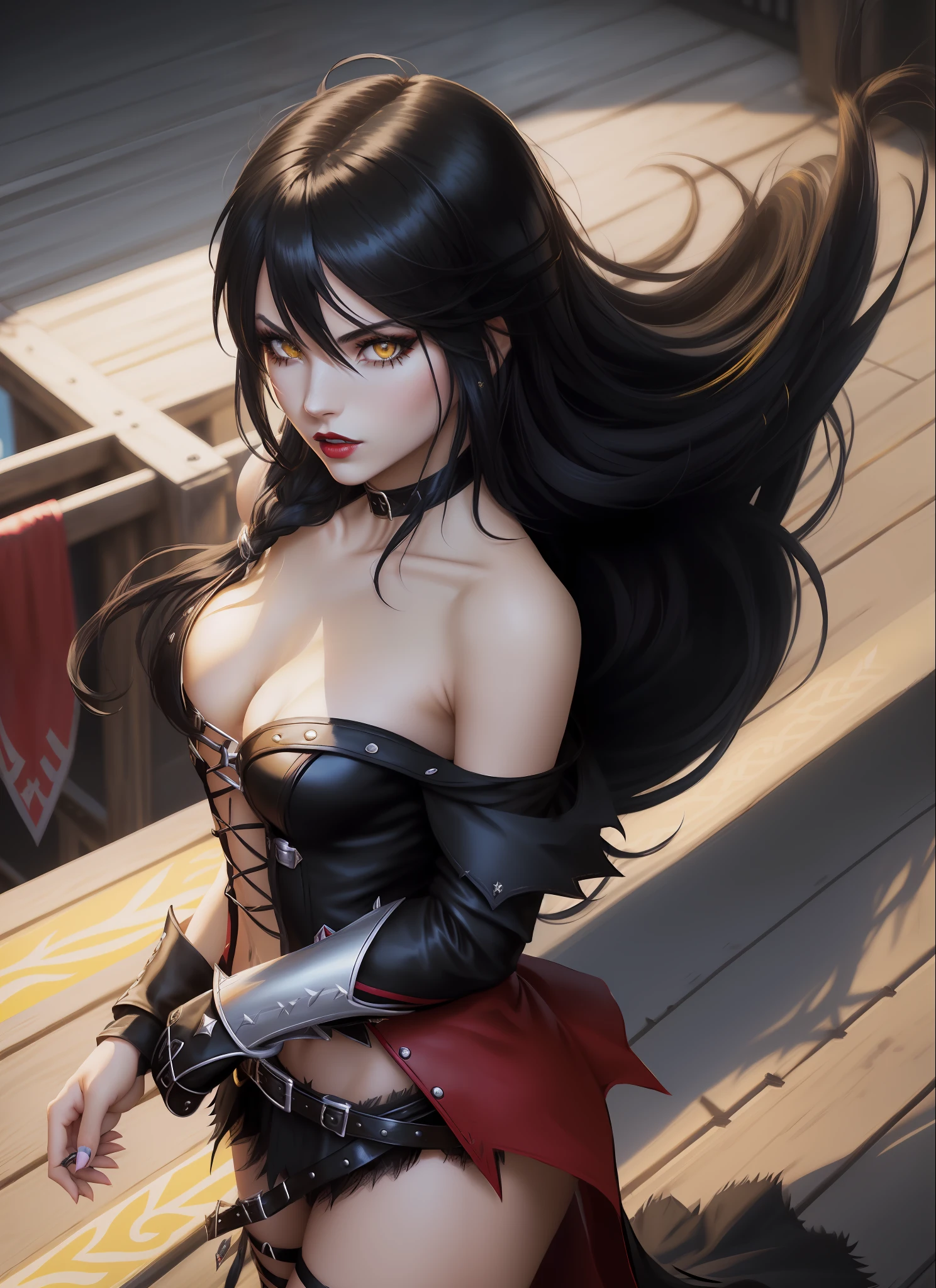 solo, 1woman, Velvet Crowe (from tales of berseria), (yellow eyes, white skin, very long messy black hair, choker, small breasts, lipstick, makeup, eyeliner), sexy lingerie, cowboy shot, intimidating look, on the deck of ships, (anime style, masterpiece, best quality, best shadows, detailed background, sharp focus, 8k)