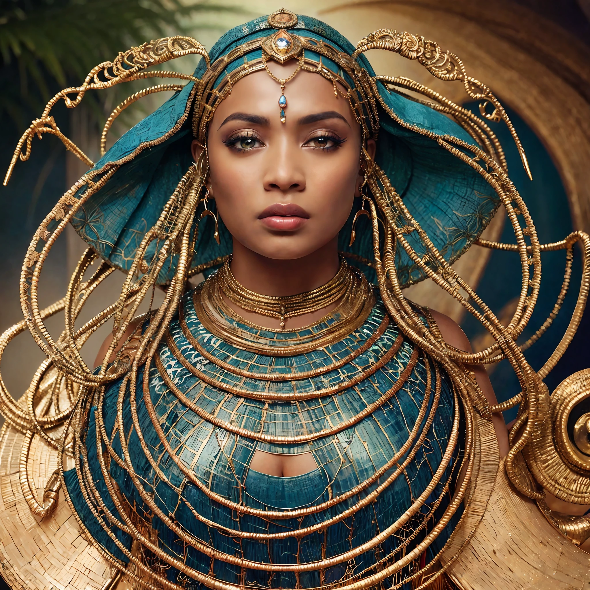 A super detailed African Goddess. The hands are soft and beautiful, the nails are well manicured and slim, with perfect lines and textures. There are some blue-green blood vessels on the back of the hand, and the skin has a subtle sheen, she has a jiggly fat round belly, voluptuous body, perfect muscle curve.