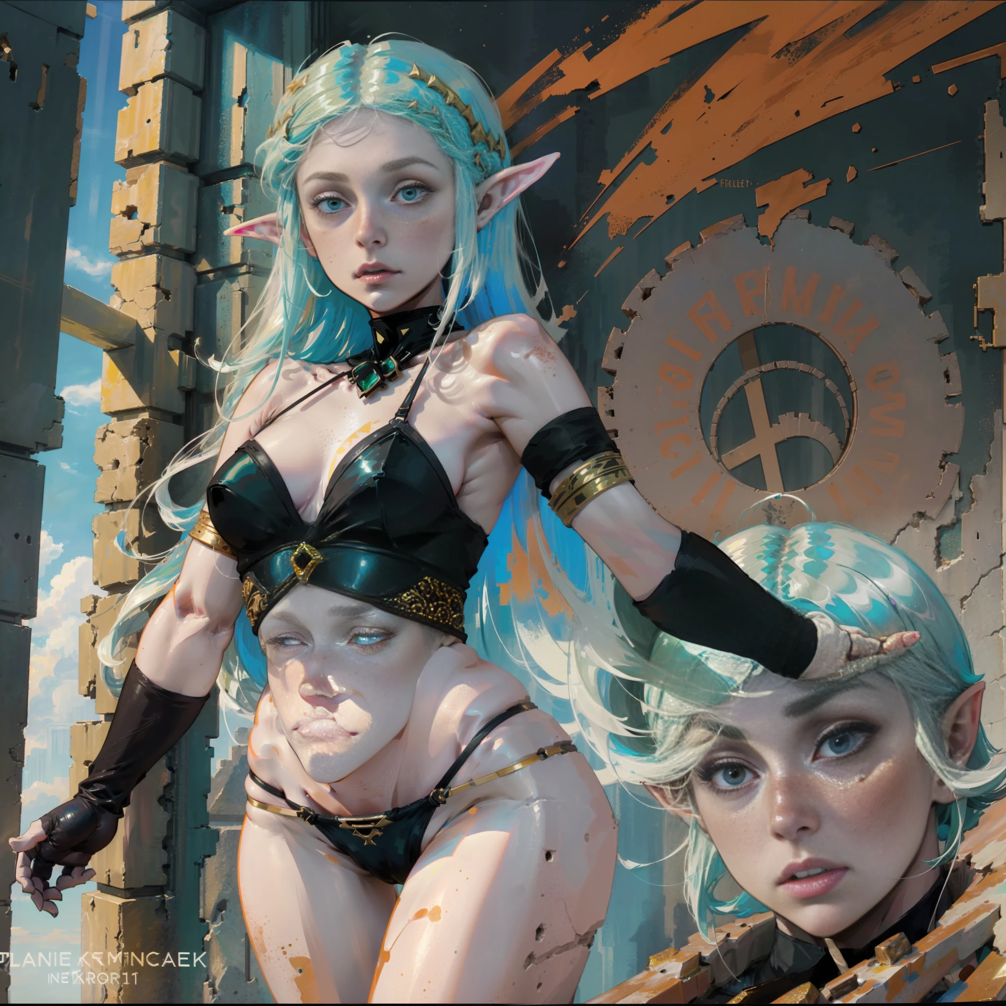 a portrait of an elf with freckles and bright striking blue eyes posing for a photo, thick legs, full body, thong, white freckles, long flowing green hair flying, portrait, beautiful pale makeup, color portrait, et, stunning portrait, elegant freckles, wearing black thongs, black gloves, blood, gold dust spread across the skin and face, walking. (dark, hyper-realistic photos (((portrait))) of glass refraction 1vase, background of post-apocalyptic ruins, soft cinematic light, soft tones, insane details, intricate details, suitable for viewing in public places, perfectly