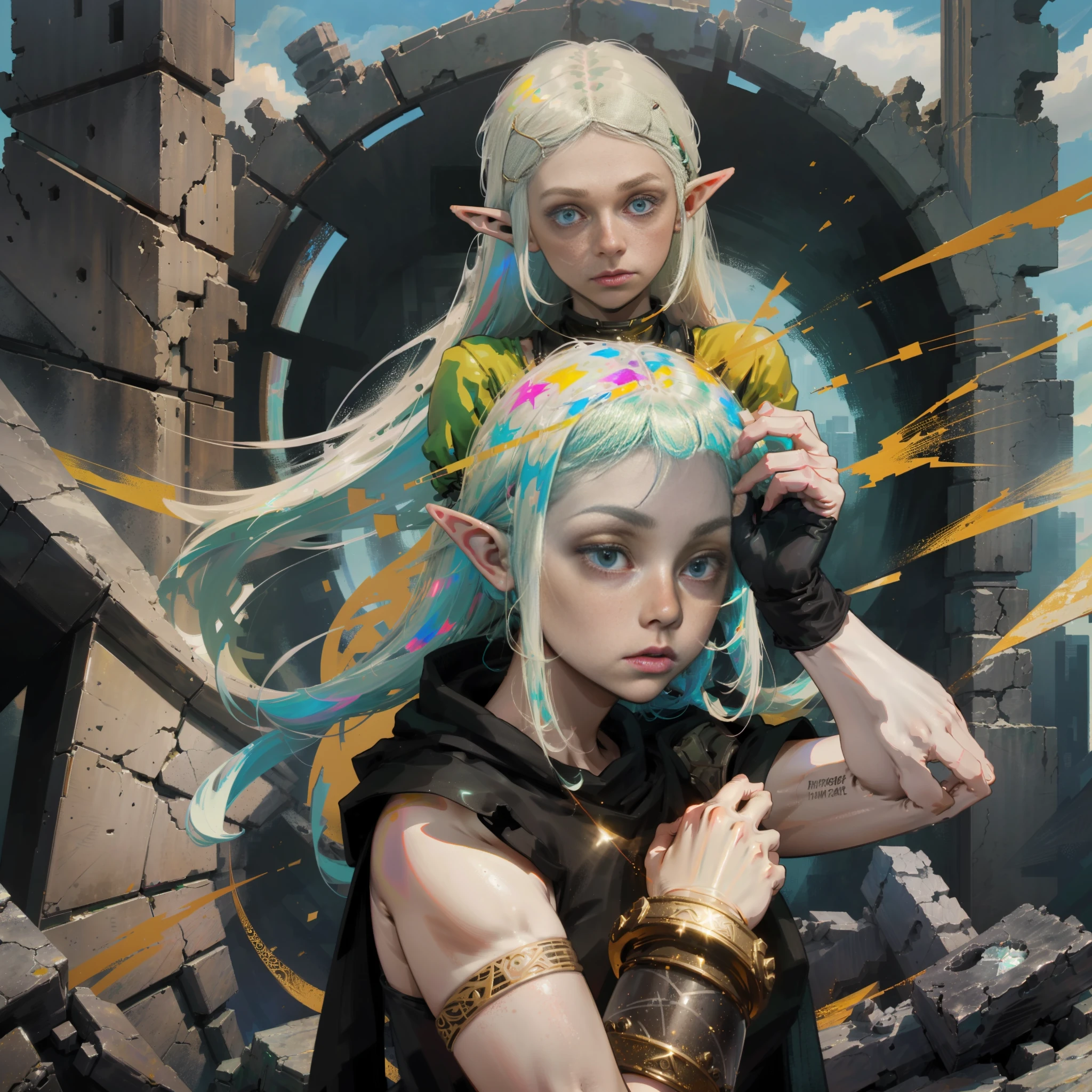 a portrait of an elf with freckles and bright striking blue eyes posing for a photo, thick legs, full body, thong, white freckles, long flowing green hair flying, portrait, beautiful pale makeup, color portrait, et, stunning portrait, elegant freckles, wearing black thongs, black gloves, blood, gold dust spread across the skin and face, walking. (dark, hyper-realistic photos (((portrait))) of glass refraction 1vase, background of post-apocalyptic ruins, soft cinematic light, soft tones, insane details, intricate details, suitable for viewing in public places, perfectly