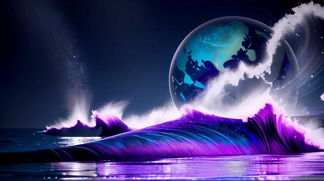 smooth rolling waves of (blue ocean) on earth, beautiful transparent water, night, gigantic fish jumps from the waves, blotches of irridescent plankton in water, glittering shiny water spray, background is deep purple sky dotted with stars, unknown constellations in the sky, (multiple moons of random colour:1.2), glowing horizon, masterpiece, best quality, detailed 4k wallpaper, award winning art, Bokeh, Depth of Field, HDR, bloom, Chromatic Aberration, extremely detailed, trending on artstation, trending on CGsociety, dramatic