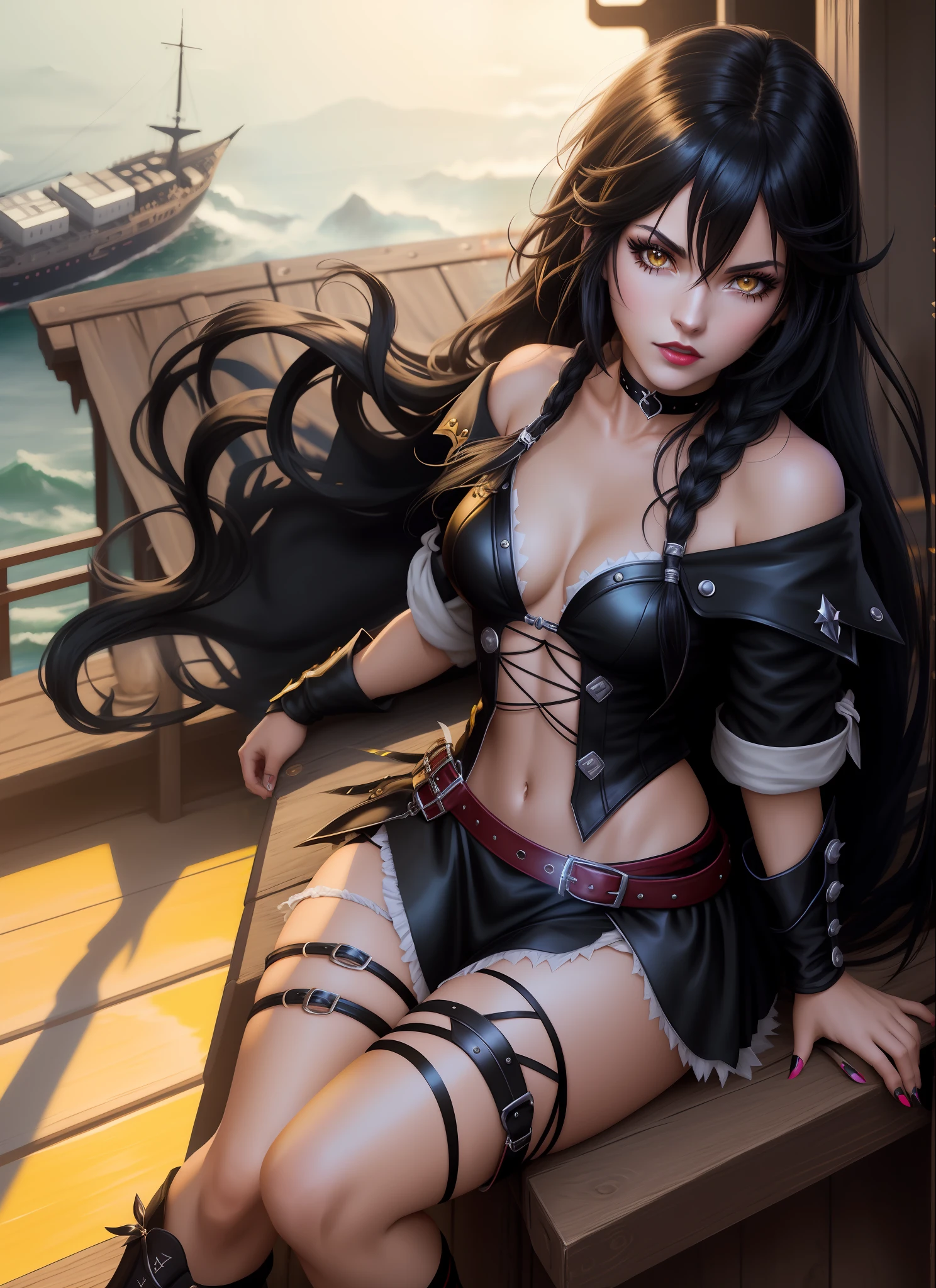 solo, 1woman, Velvet Crowe (from tales of berseria), (yellow eyes, white skin, messy black hair too long, choker, small breasts, lipstick, makeup, eyeliner), weraing sexy lingerie, showing sexy feet, side photo, intimidating look, on the deck of ships, (anime style, masterpiece, best quality, best shadows, detailed background, sharp focus, 8k)