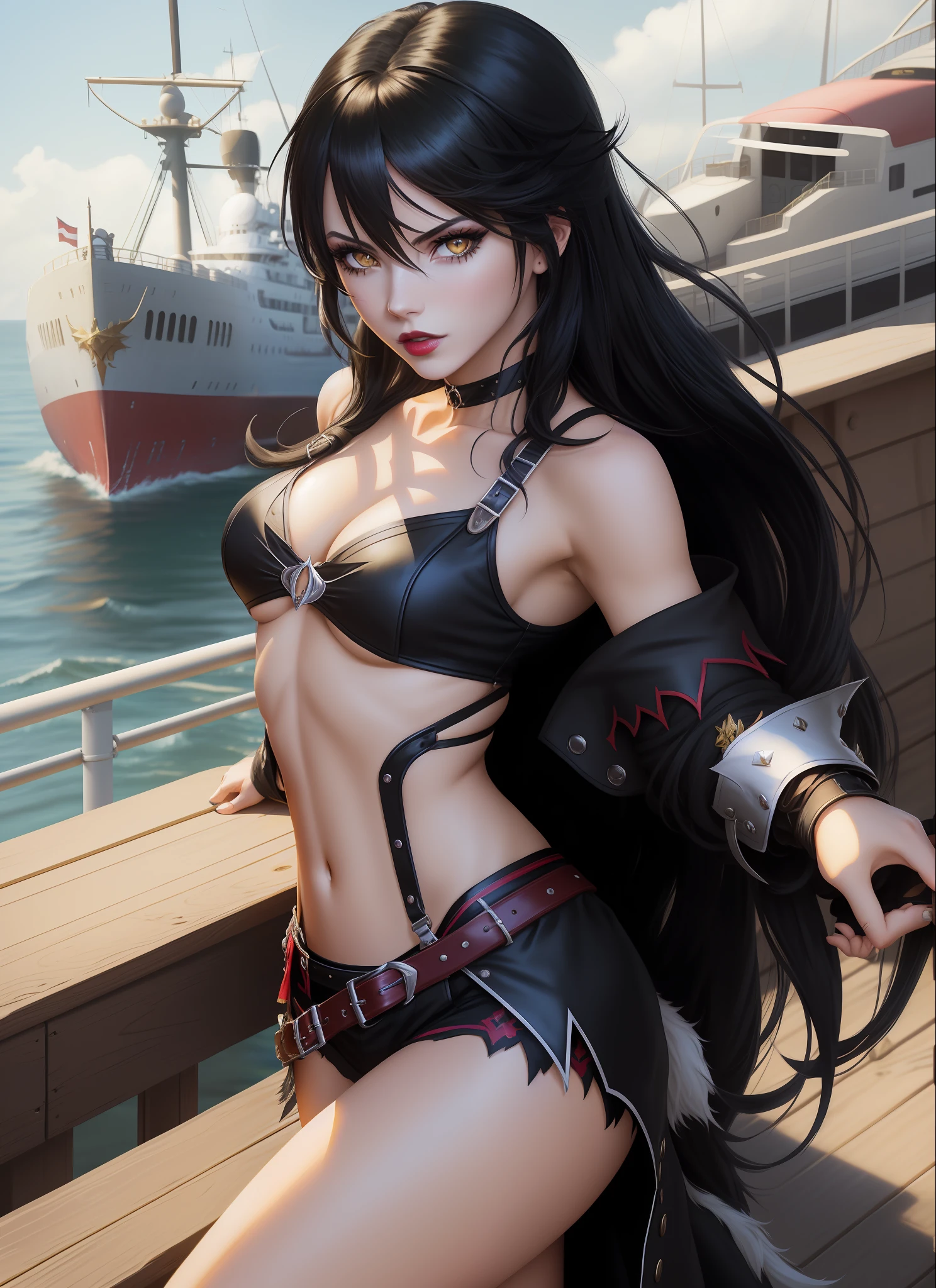 solo, 1woman, Velvet Crowe (from tales of berseria), (yellow eyes, white skin, messy black hair too long, choker, small breasts, lipstick, makeup, eyeliner), weraing sexy lingerie, showing sexy feet, side photo, intimidating look, on the deck of ships, (anime style, masterpiece, best quality, best shadows, detailed background, sharp focus, 8k)